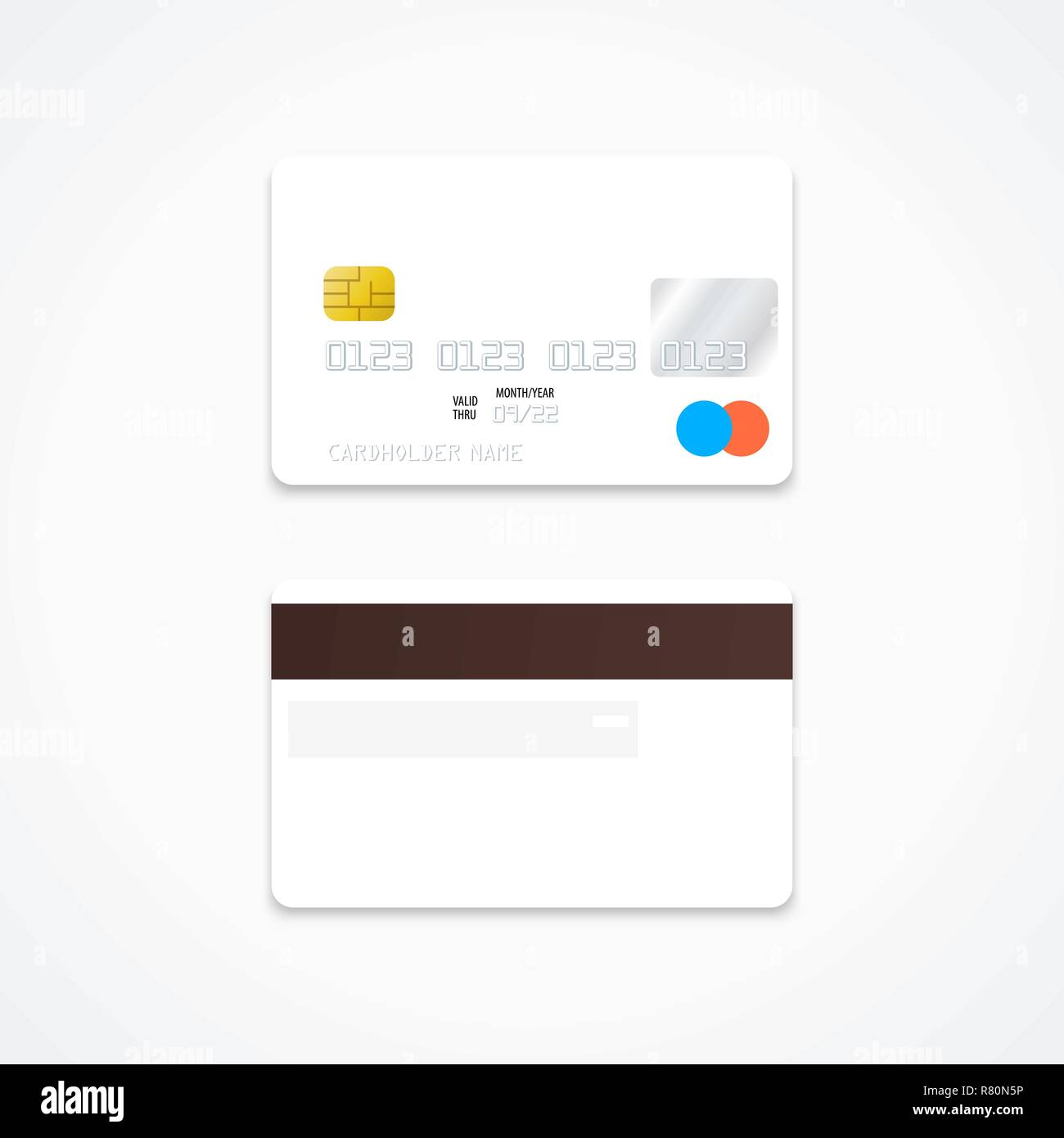 vector mock up white blank plastic bank card face and back sides illustration realistic with shadow template design isolated on light background Stock Vector