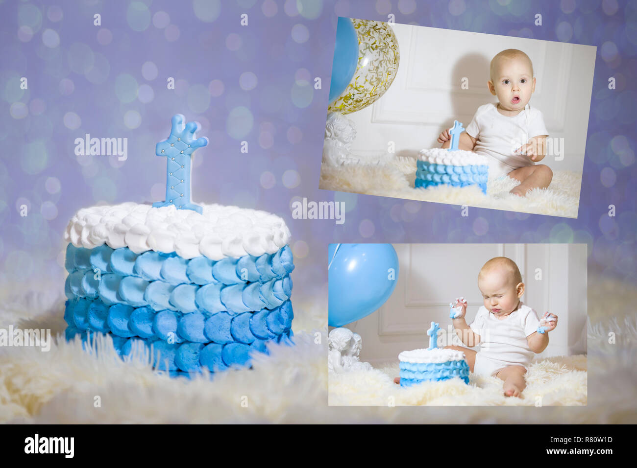Collage First Birthday Cake For One Year Against The Background Of
