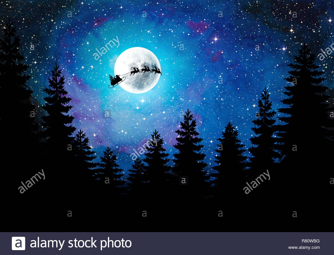 Download Starry Christmas Night sky with Silhouette of Santa ...