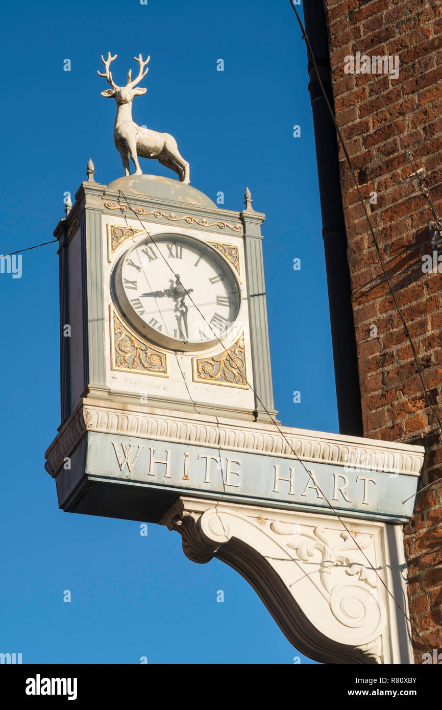 White Hart Hotel clock and sign, Lincoln, Lincolnshire, England, UK Stock Photo