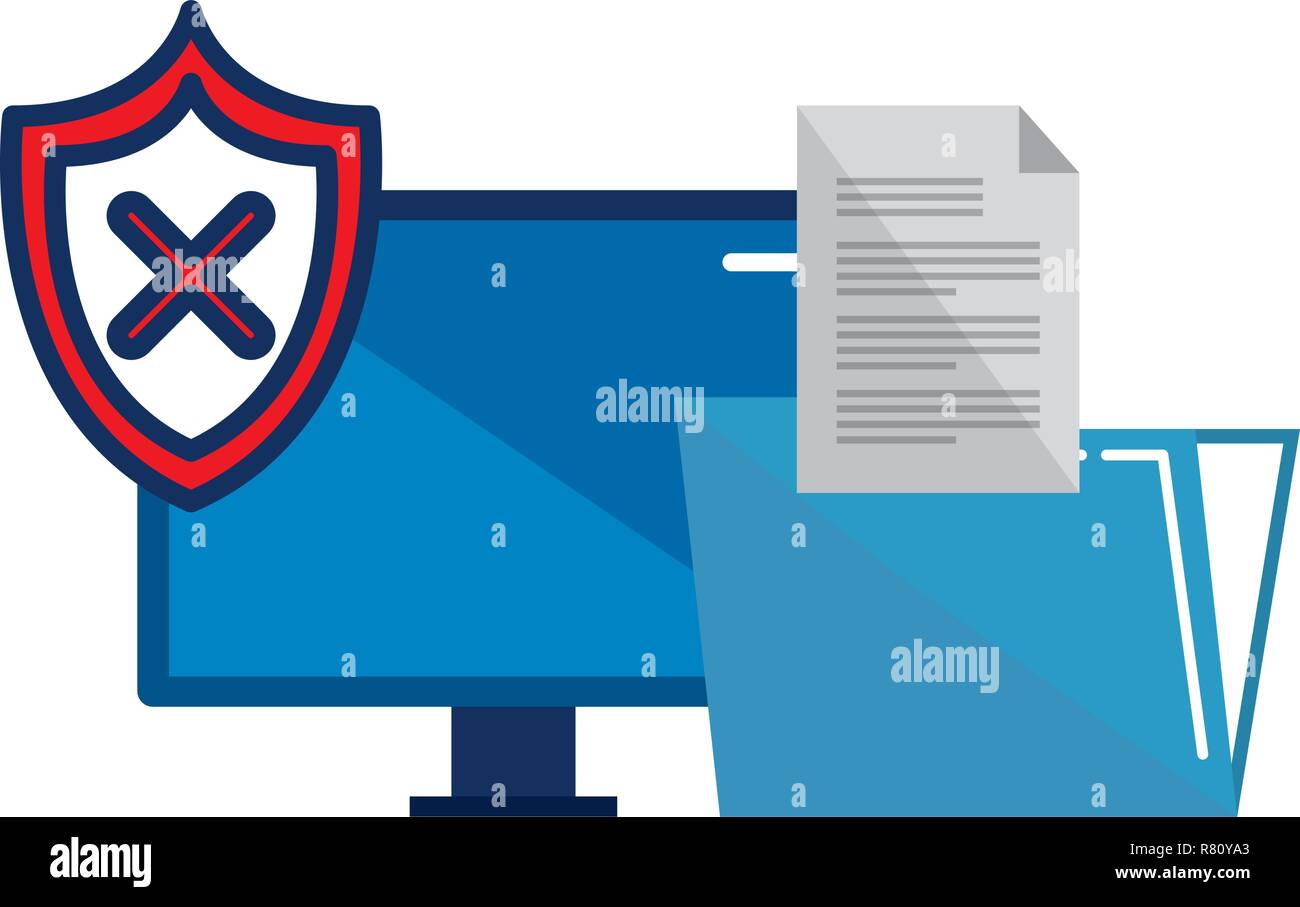 desktop with shield and folder documents vector illustration design Stock Vector