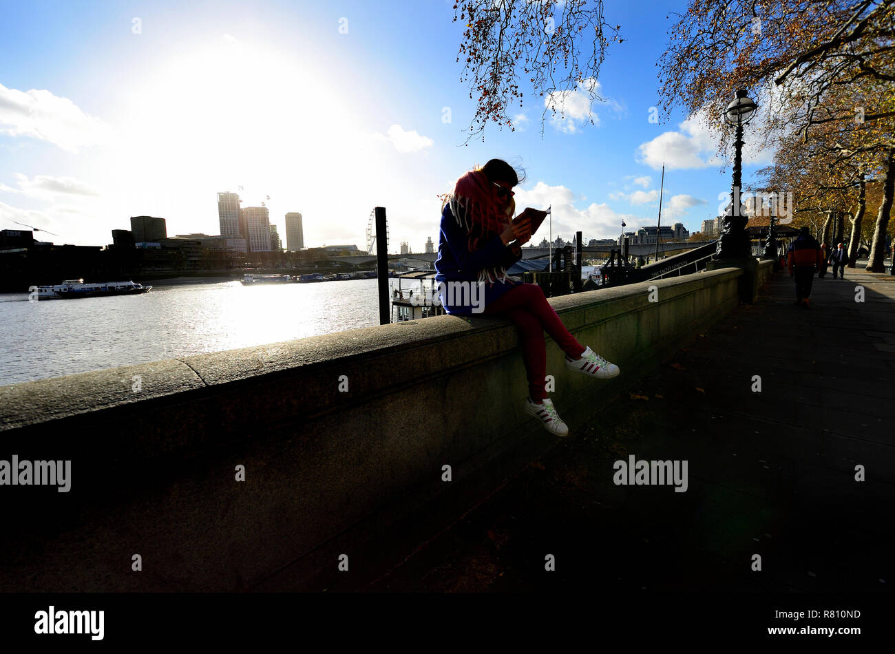 Young woman on her mobile phone, Victoria Embankment, London, England, UK. Winter Stock Photo