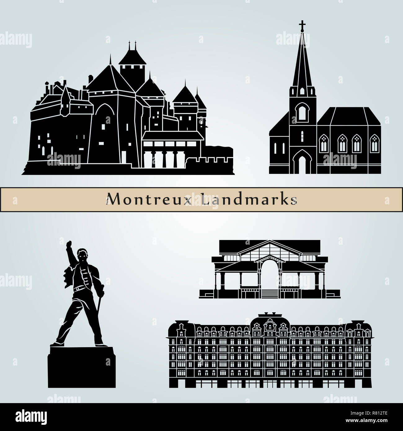 Montreaux landmarks and monuments isolated on blue background in editable vector file Stock Photo