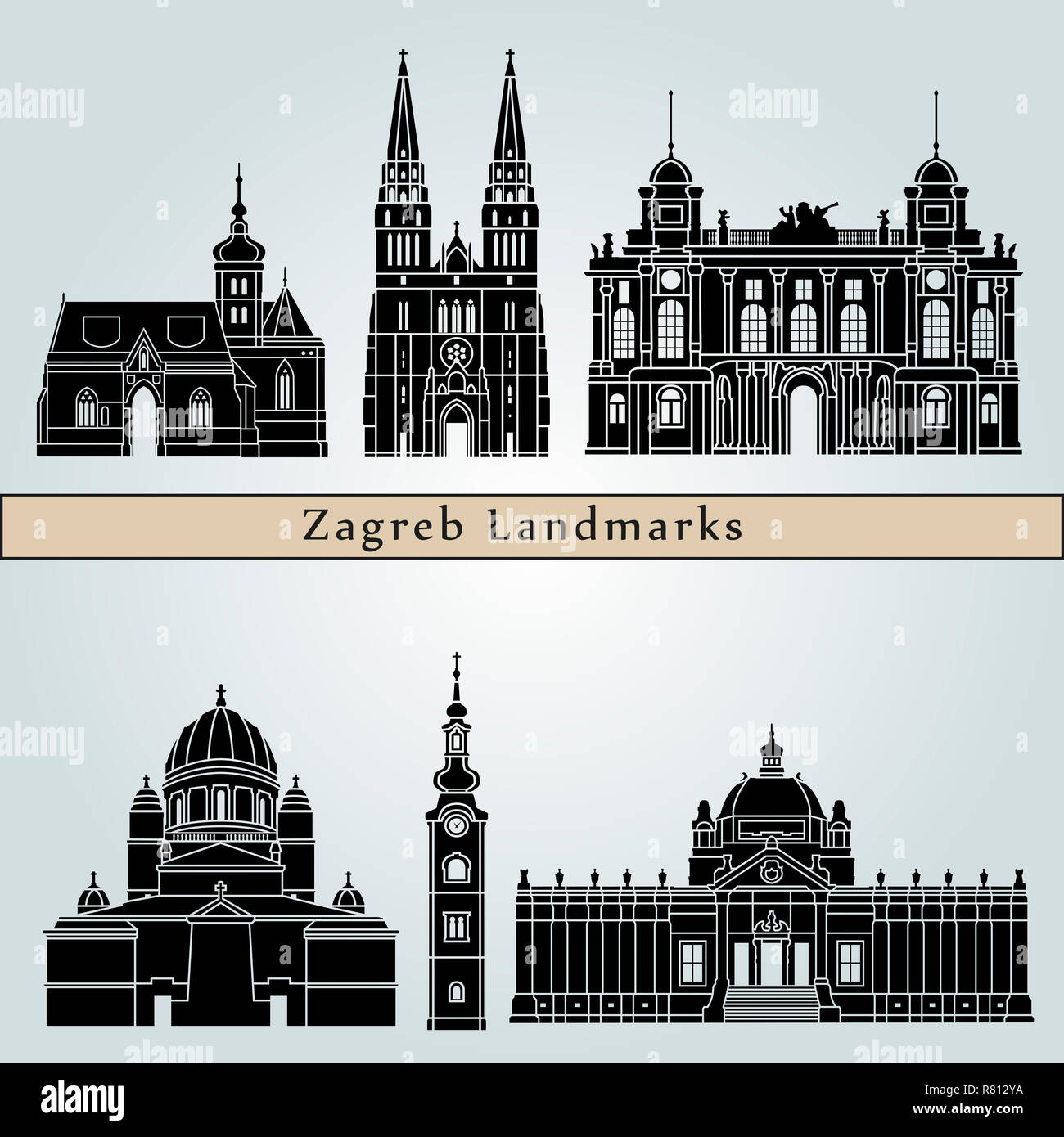 Zagreb landmarks and monuments isolated on blue background in editable vector file Stock Photo