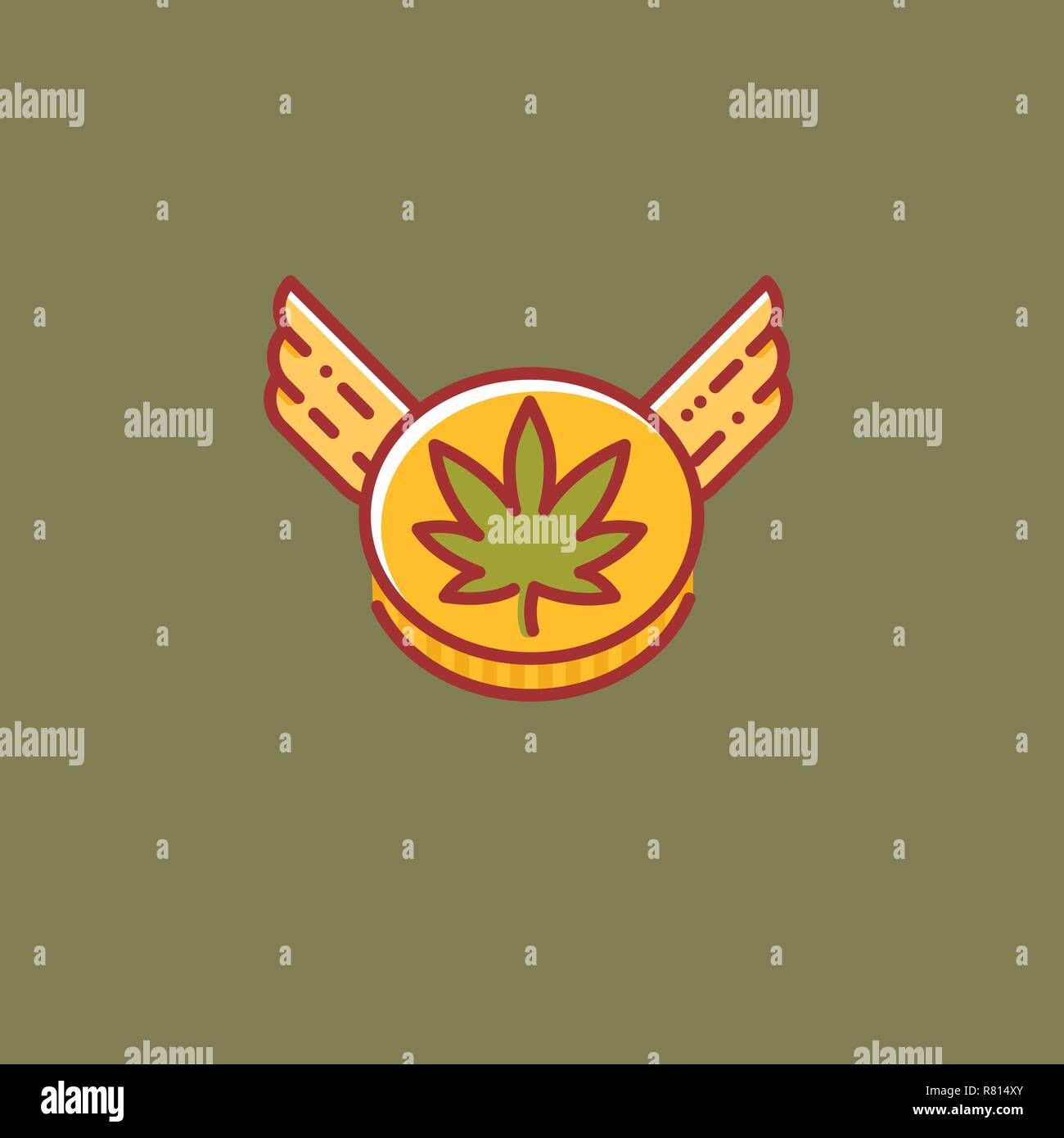 Cannabis coin with wings flying high. Flat design vector icon Stock Vector