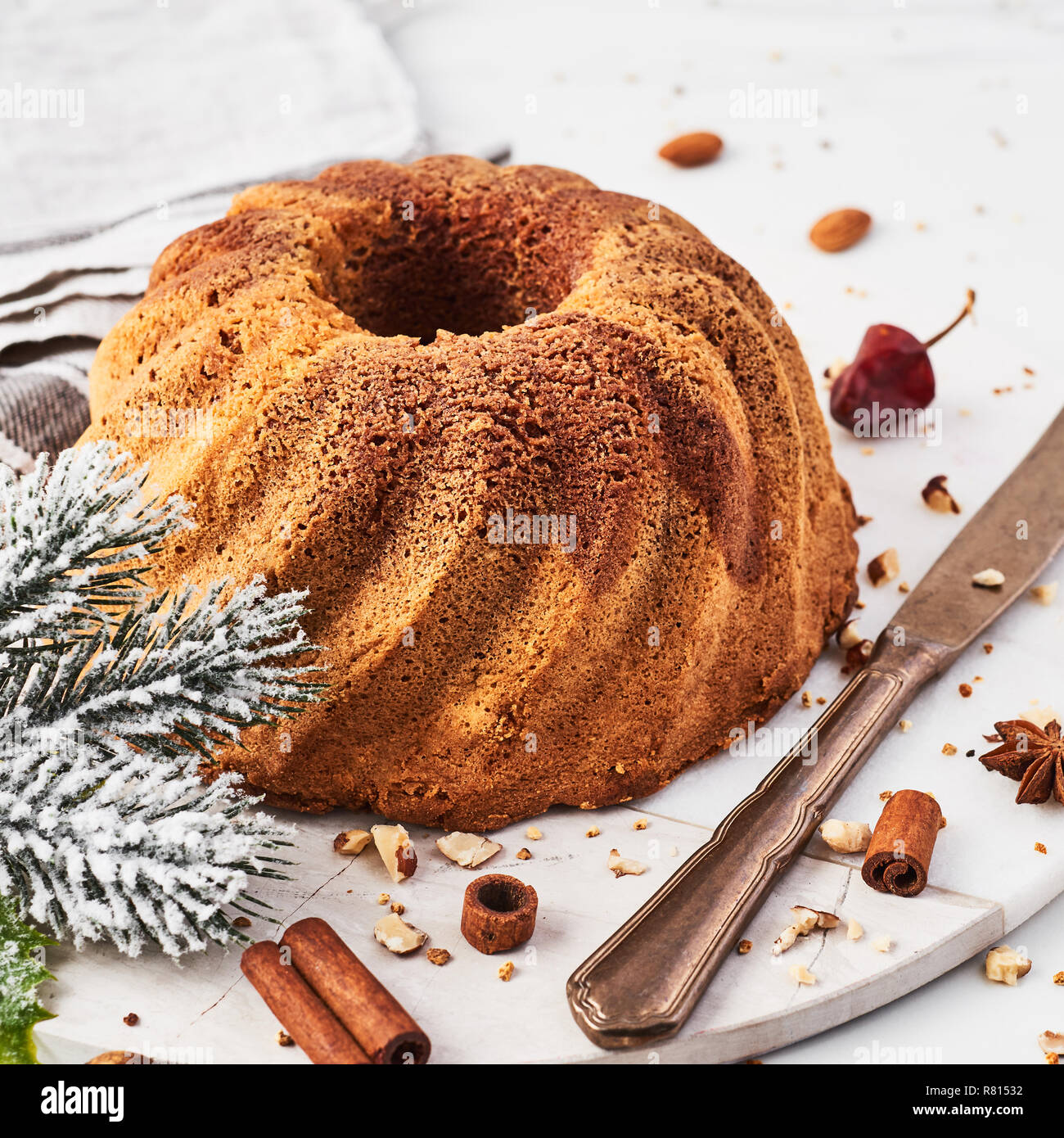 Vanilla and chocolate marble bundt cake surrounded by cinnamon, anise, hazelnut, dried orange crumbs on marble serving plate over white marble table.  Stock Photo