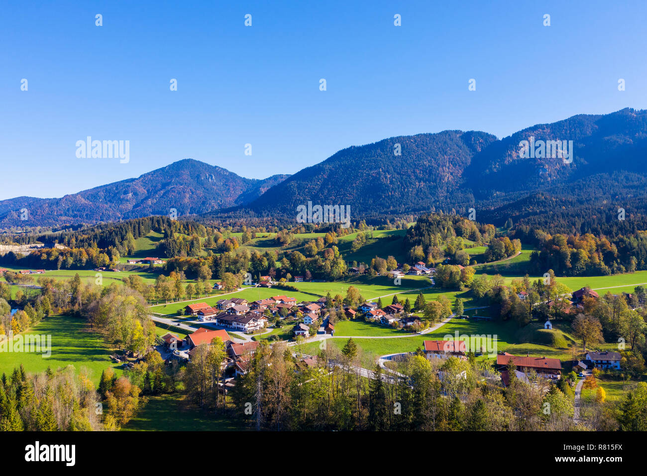 Winkel bei Lenggries, drone shot, Isarwinkel, Alpine foothills, Upper Bavaria, Bavaria, Germany Stock Photo