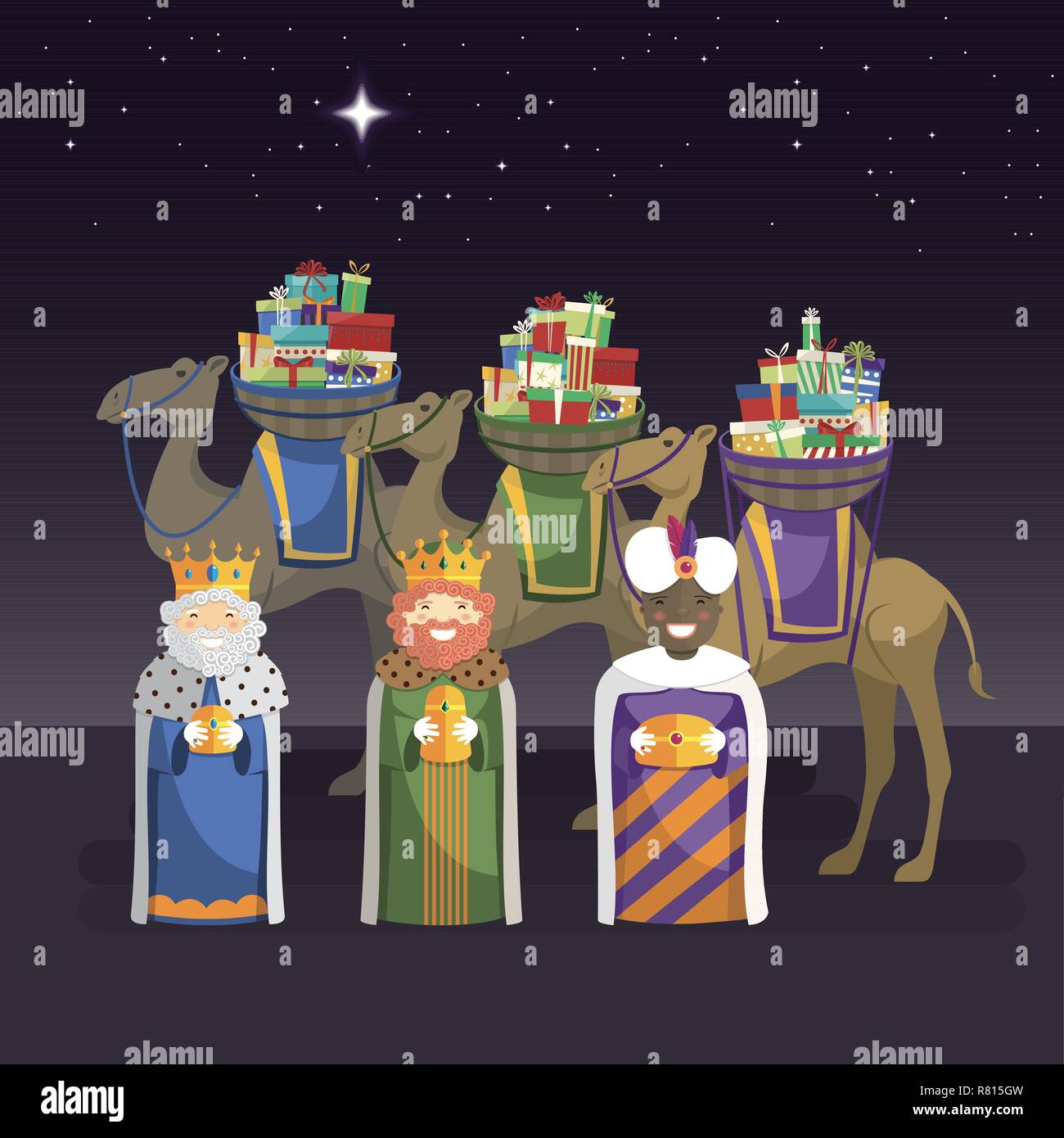 Three kings with camels and gifts at night. Vector illustration Stock Vector