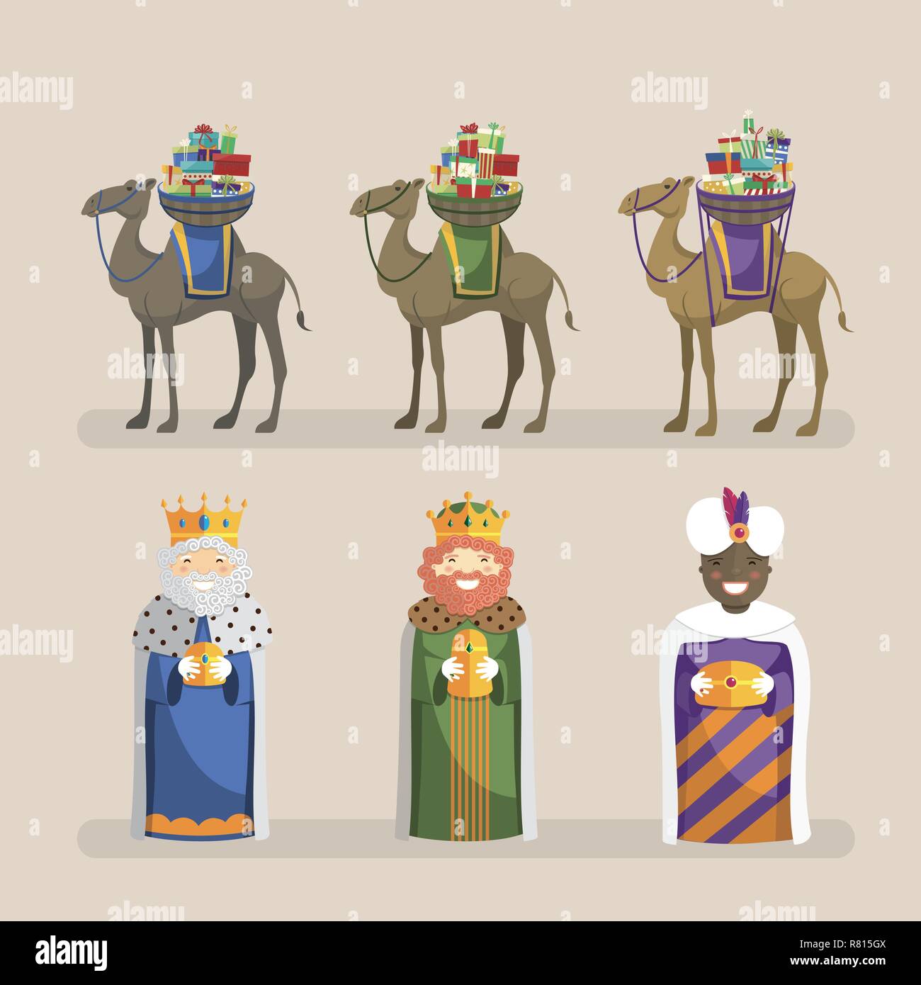 Three kings with camels and gifts set. Vector illustration Stock Vector