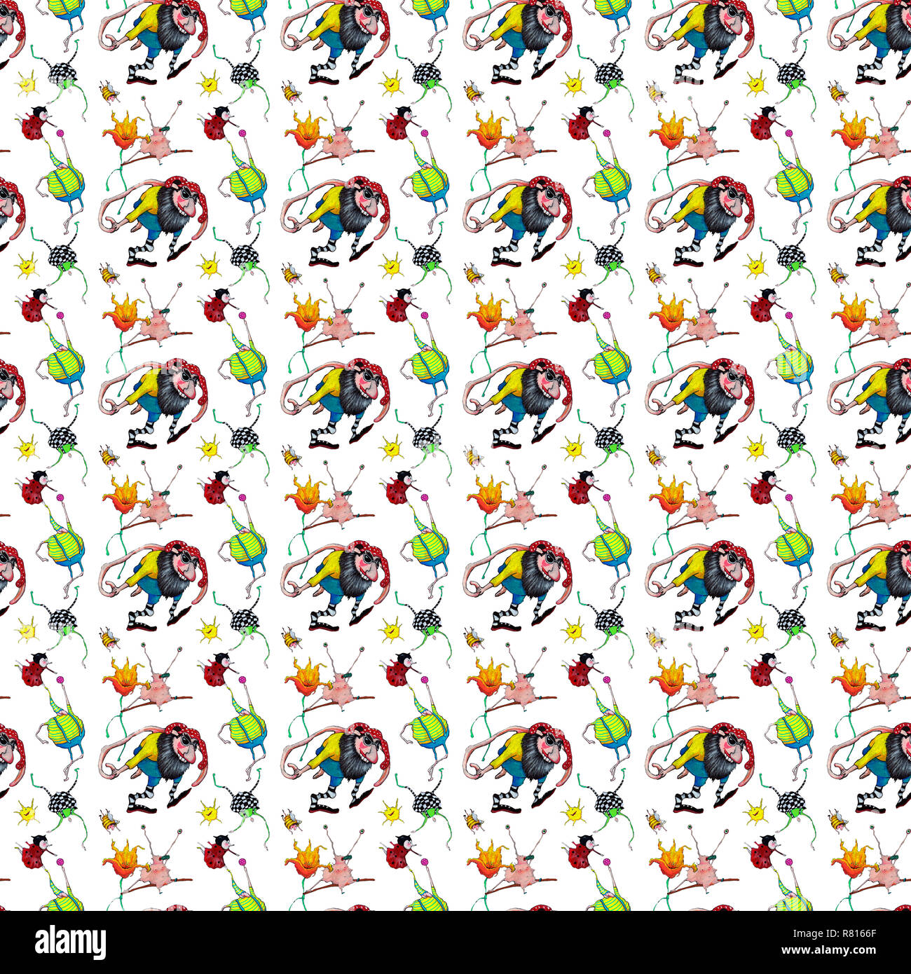 Wallpaper, wrapping paper, seamless pattern, with fantasy creatures, dwarves and beetles, Germany Stock Photo
