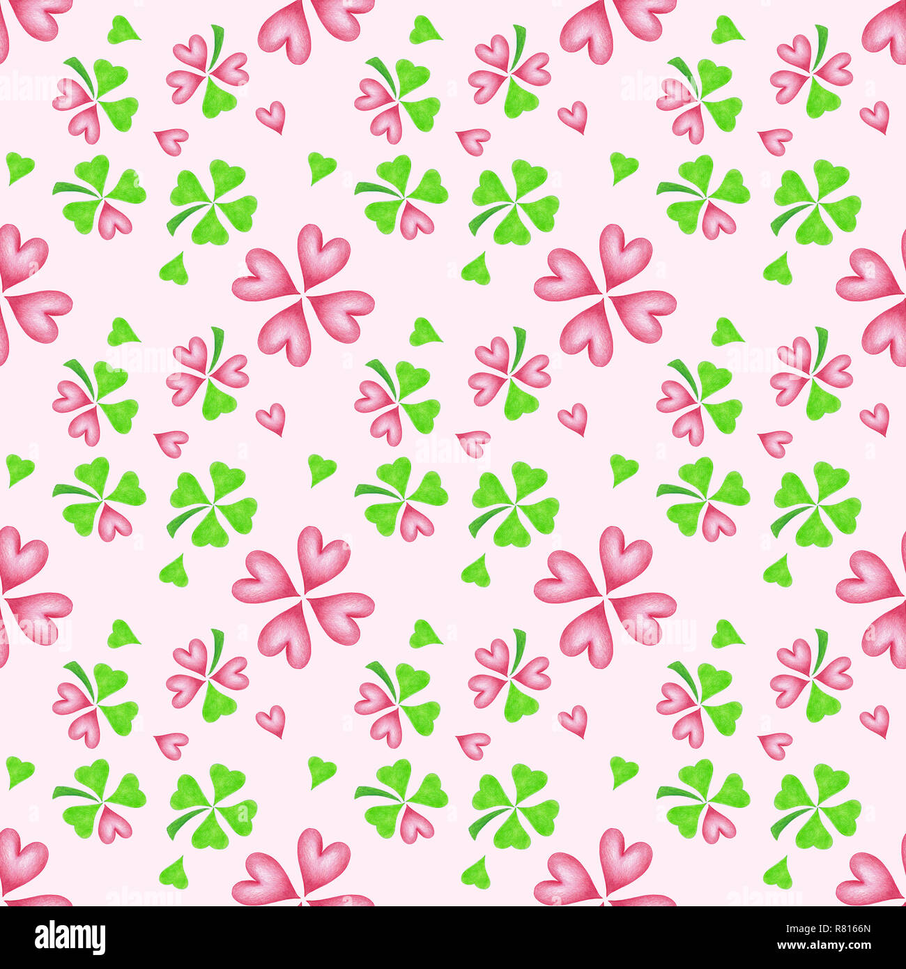 Wallpaper, wrapping paper, seamless pattern, hearts and clover, cloverleaves on pink background, Germany Stock Photo