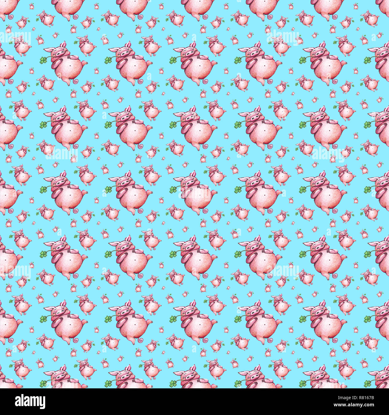 Wallpaper, wrapping paper, seamless pattern, lucky pigs with four-leaf clover on light blue background, Germany Stock Photo