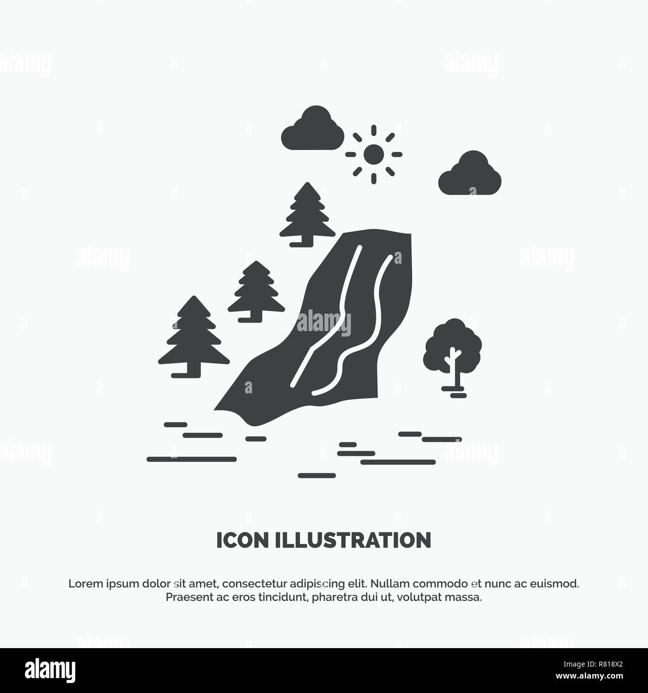 waterfall, tree, pain, clouds, nature Icon. glyph vector gray symbol for UI and UX, website or mobile application Stock Vector