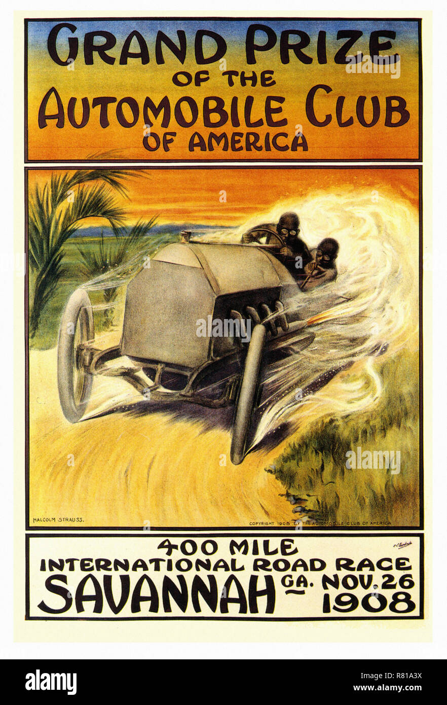 The Savannah Georgia International 1908 Automobile Race - Vintage car's advertising poster Stock Photo