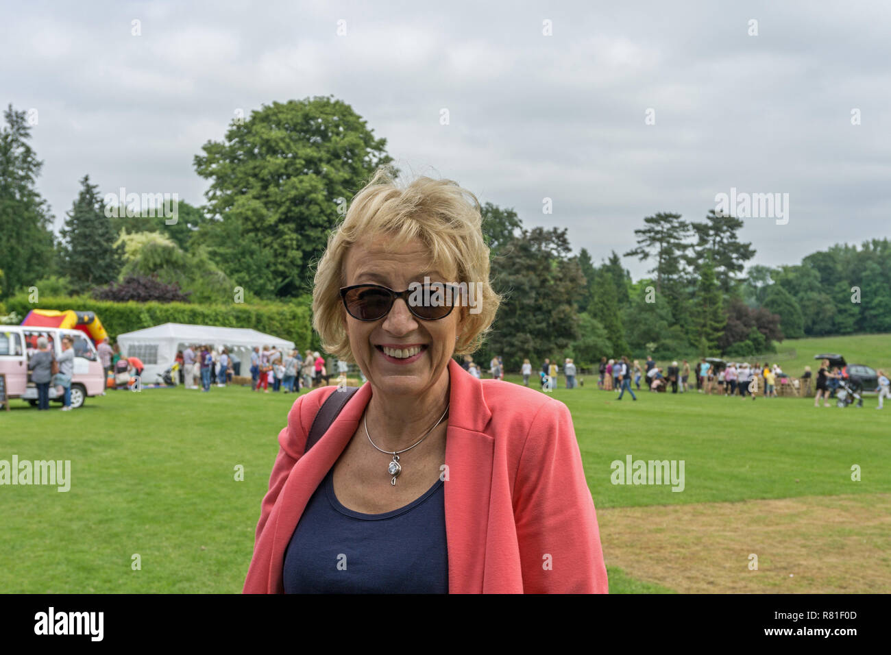 Conservative MP Andrea Leadsom, in casual clothes, having just opened a local village fete; Courteenhall, Northamptonshire, UK Stock Photo