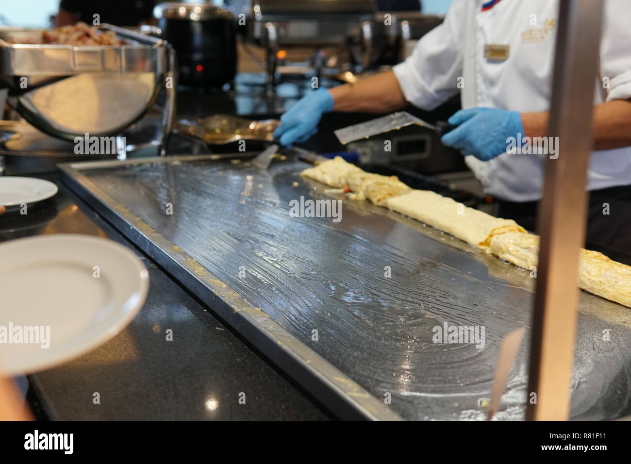 eggs in the kitchen of the restaurant scrambled egg yolk protein for