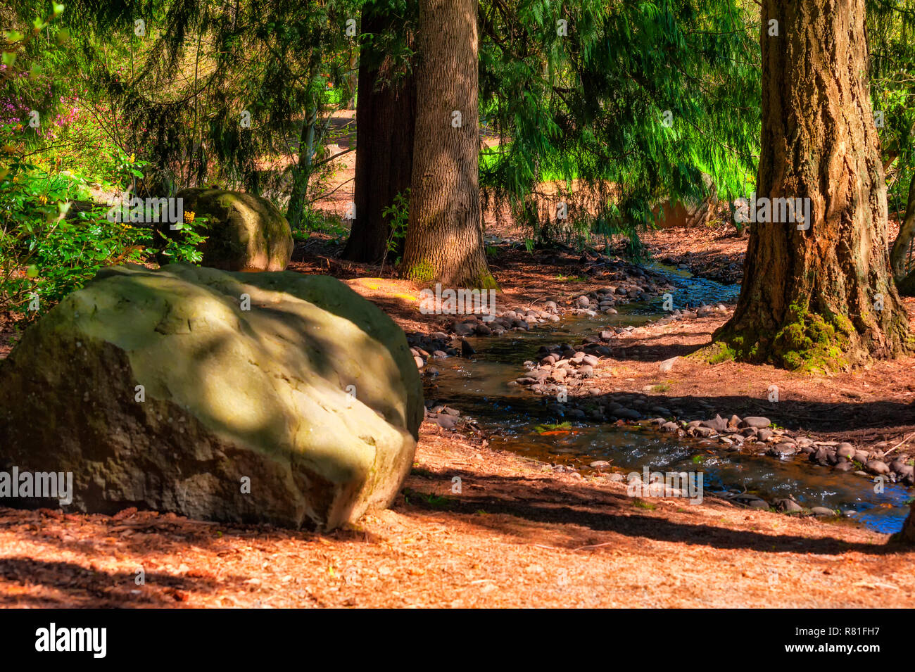 A large boulder by a brook provides a resting spot for weary hikers. Stock Photo