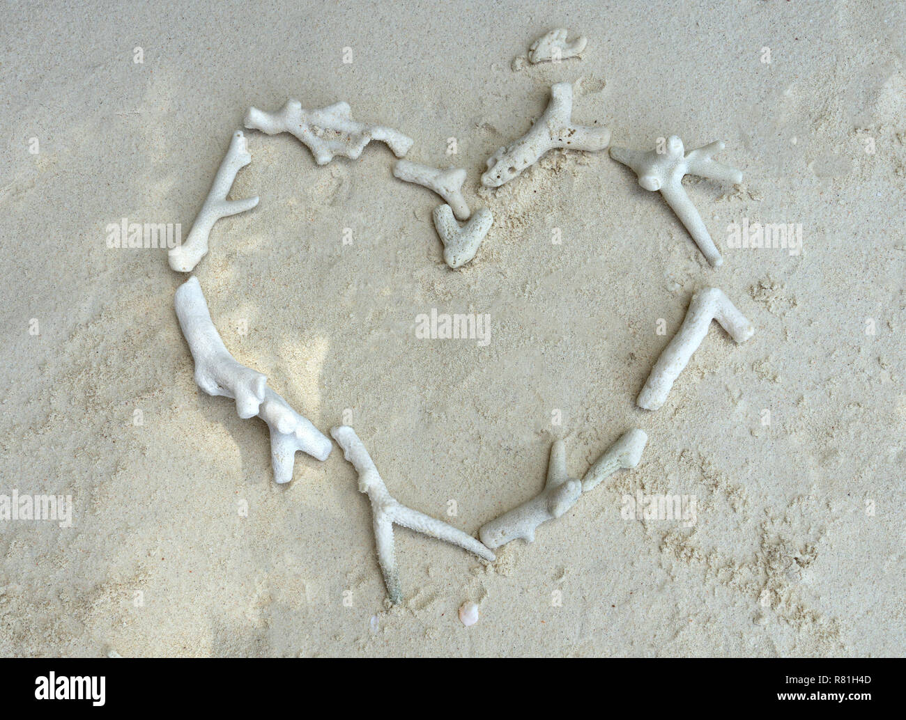 White broken dead coral in heart shape on the beach. Stock Photo