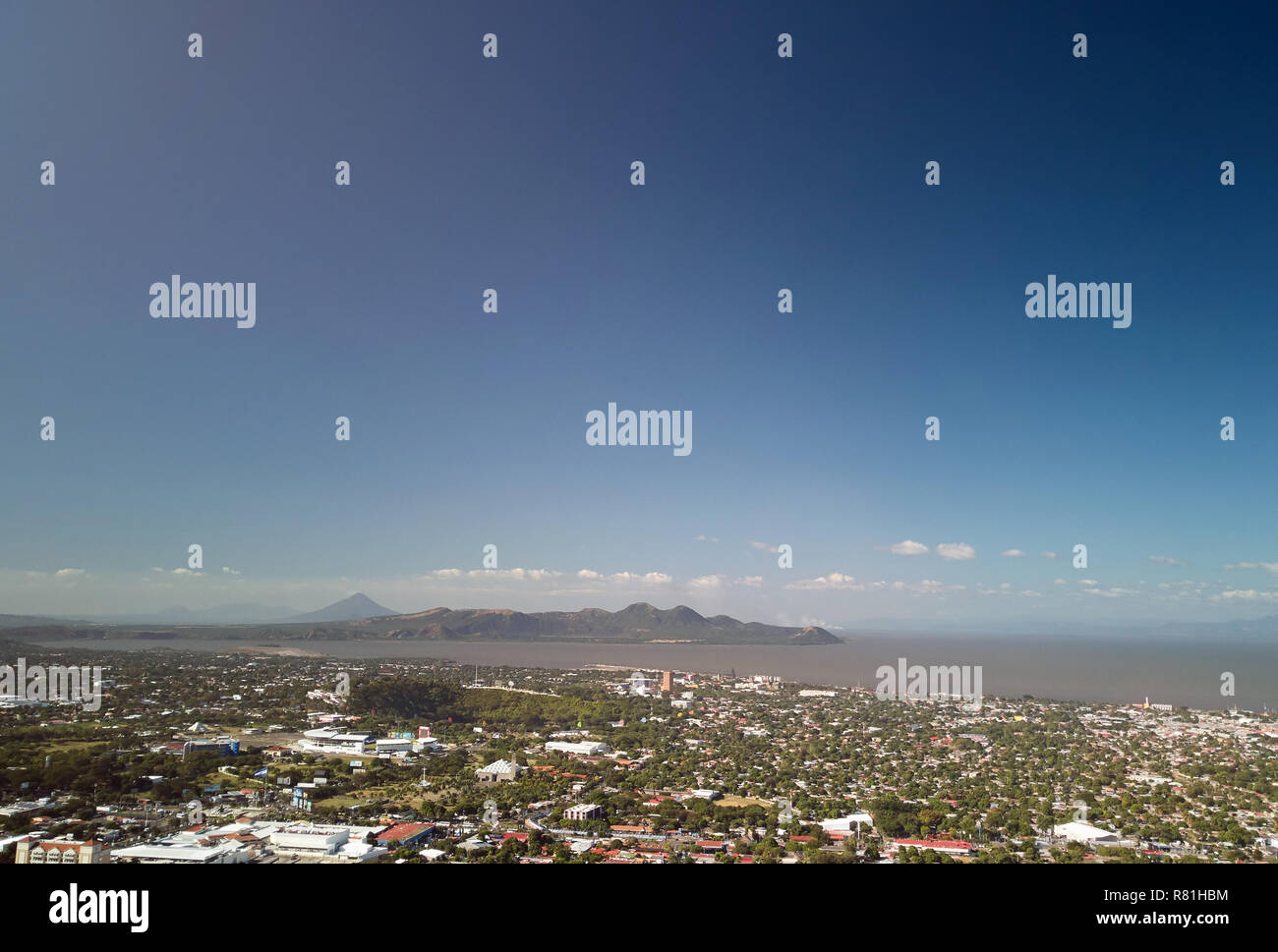 Managua town landscape with lake  aerial drone view Stock Photo