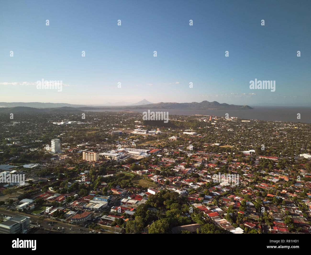 Aerial panorama view of Managua city on sunset dusk time Stock Photo