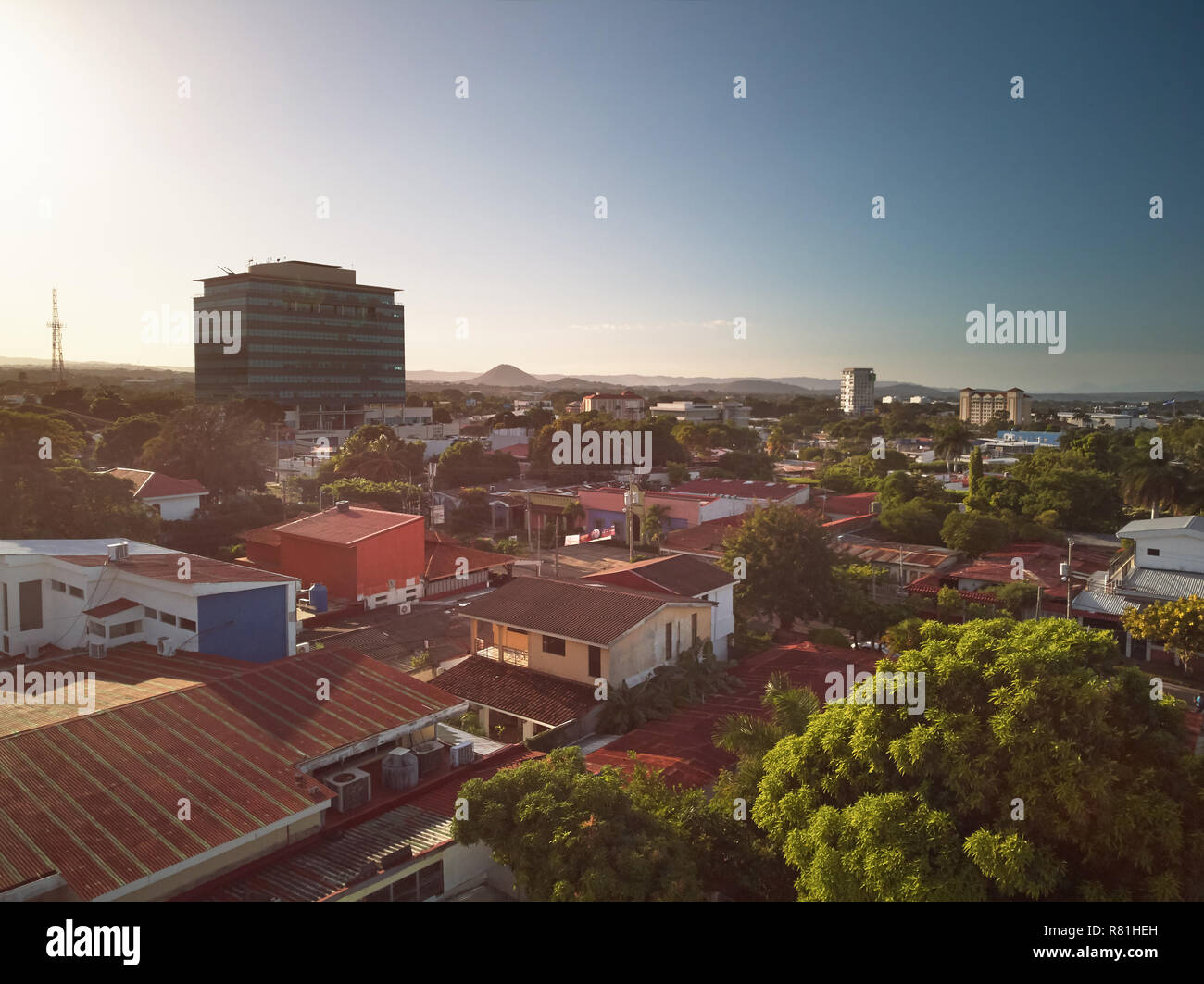 Managua city at dusk time. Center of Managua town in Nicaragua Stock Photo