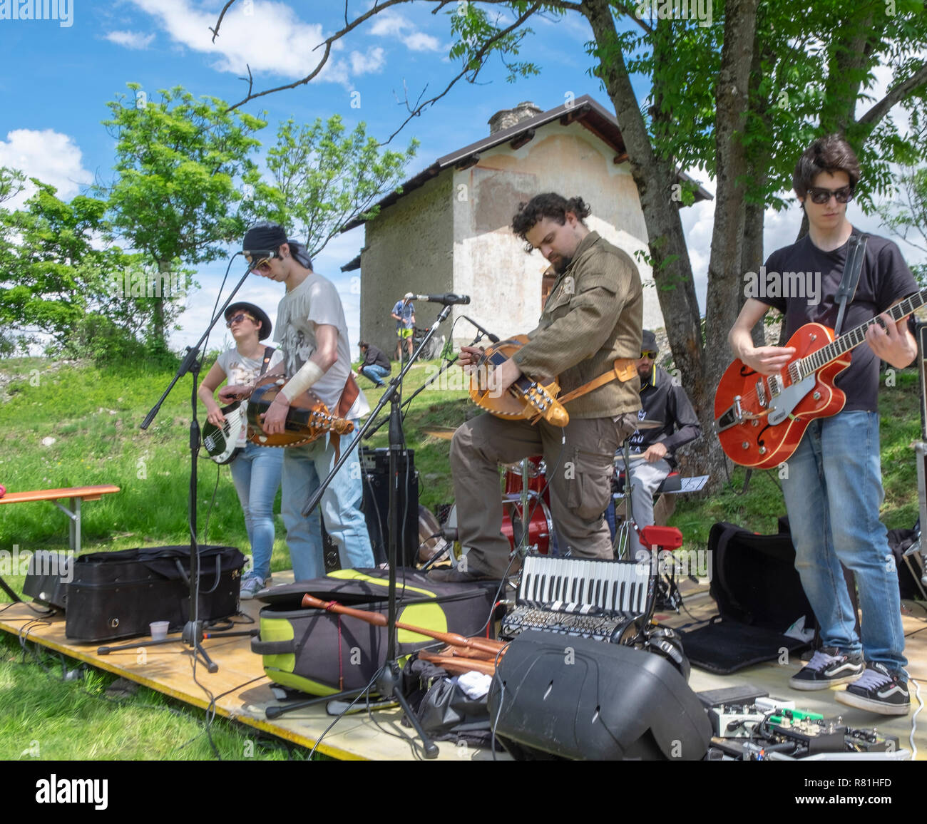 Mountain village saints day festival wth band, Soubras, Piemonte, Italy Stock Photo