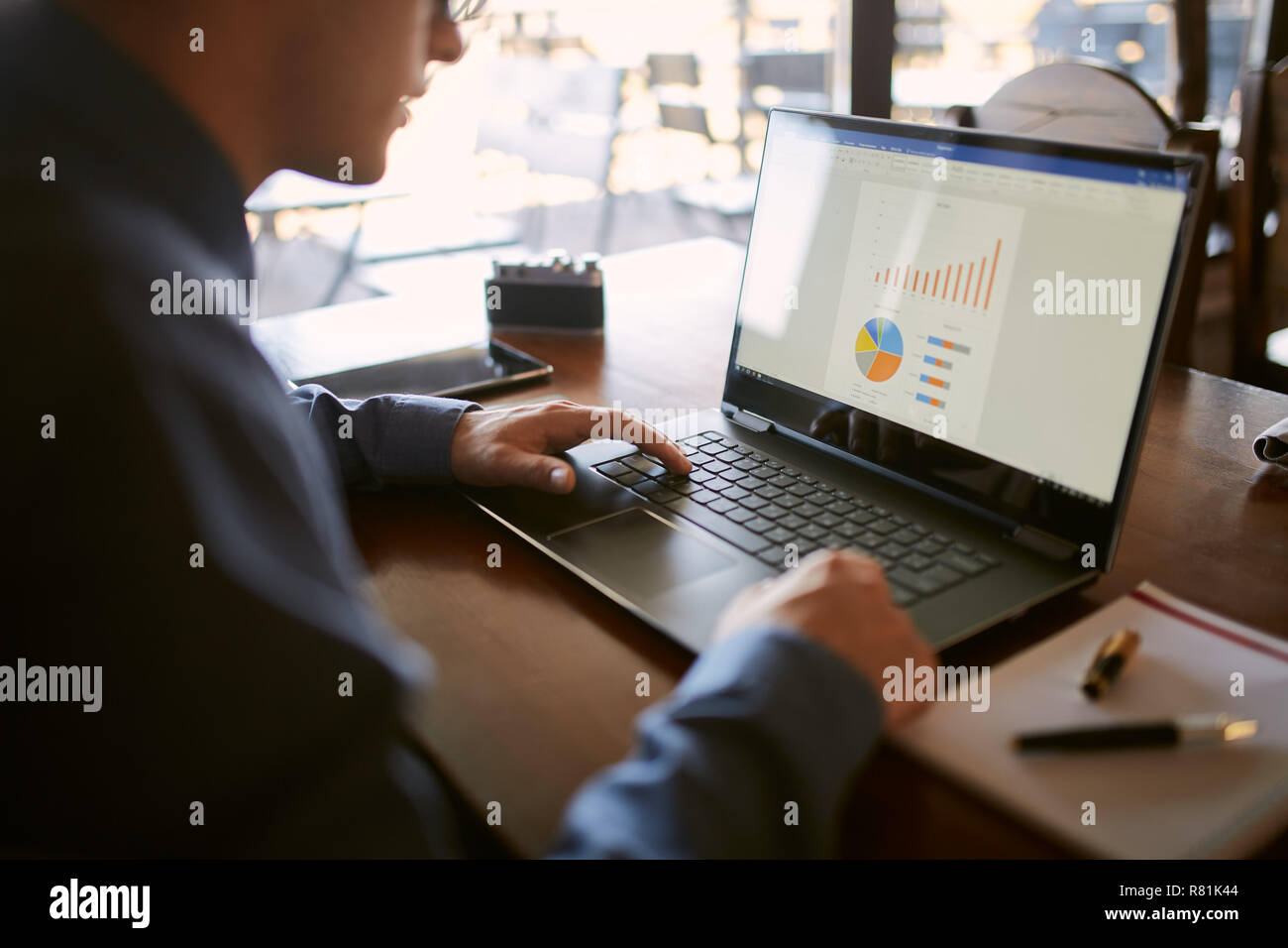 Close-up back view of caucasian businessman hands typing on laptop keyboard and using touchpad. Notebook and pen on foreground of workspace. Charts and diagrams on screen. Isolated no face view. Stock Photo
