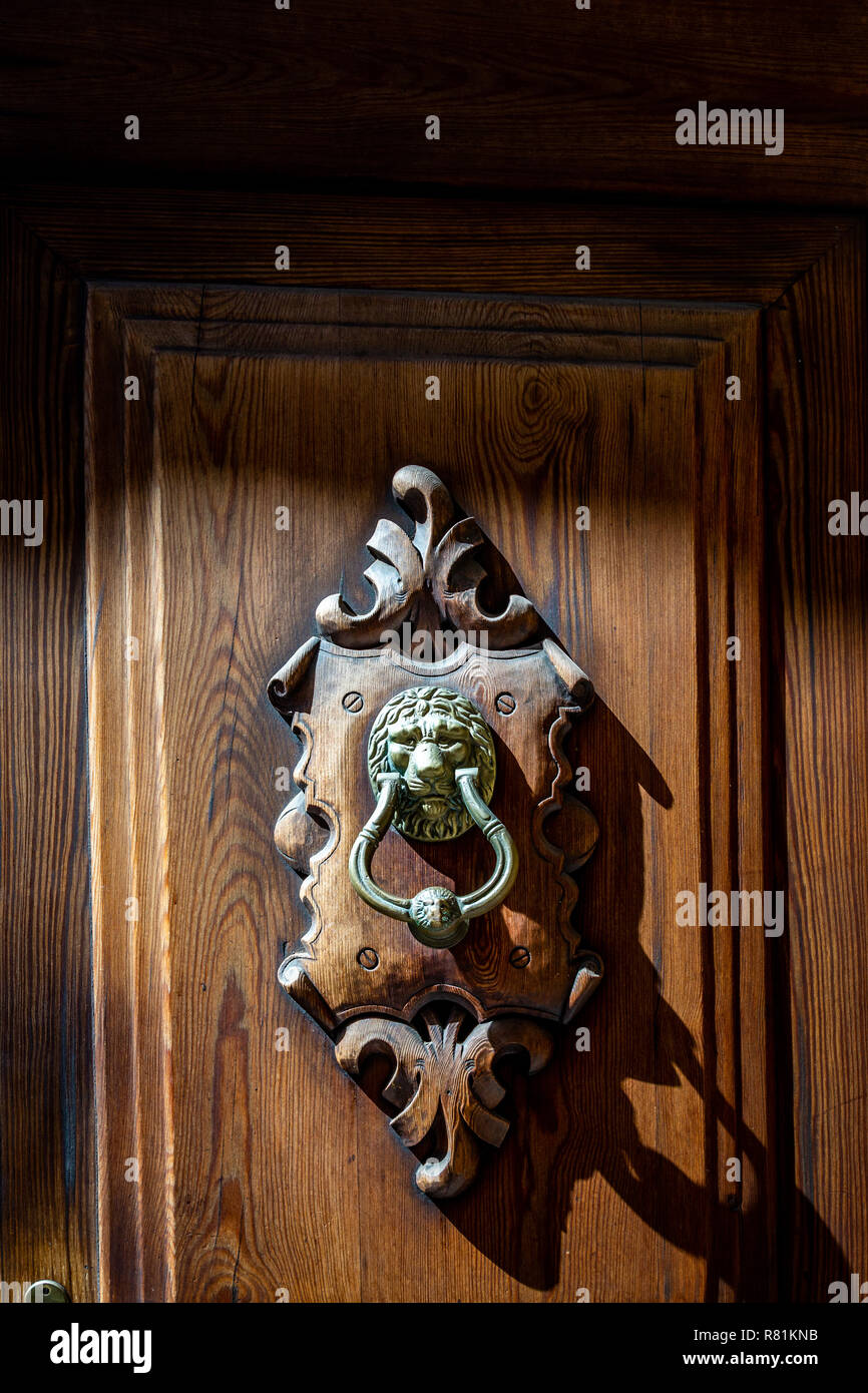 Brass lion door knocker handle on dark wood grain front door in mallorca Stock Photo