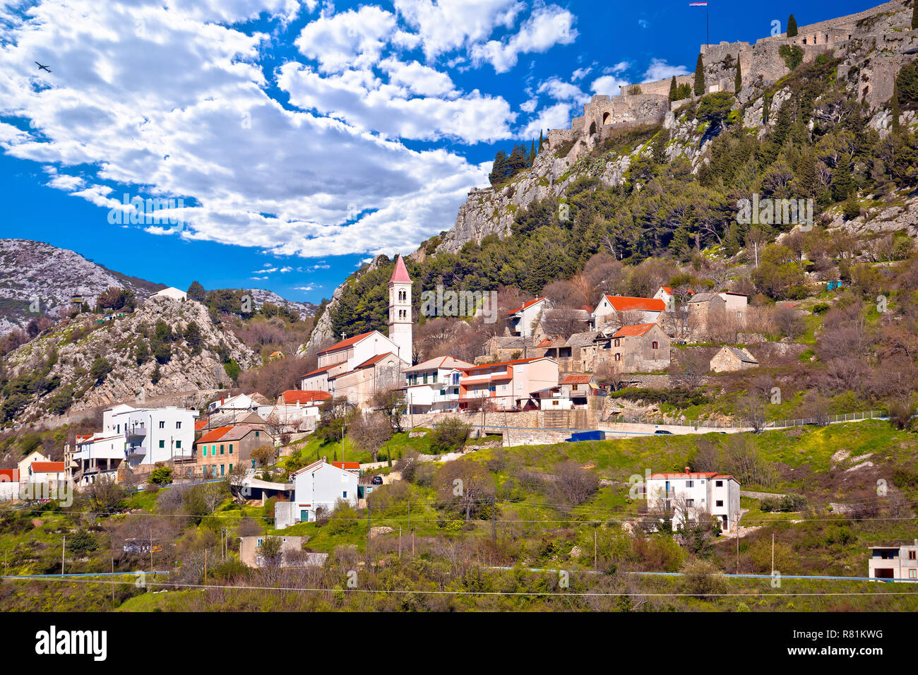 Town and fortress of Klis near Split view, Dalmatia region of Croatia Stock Photo