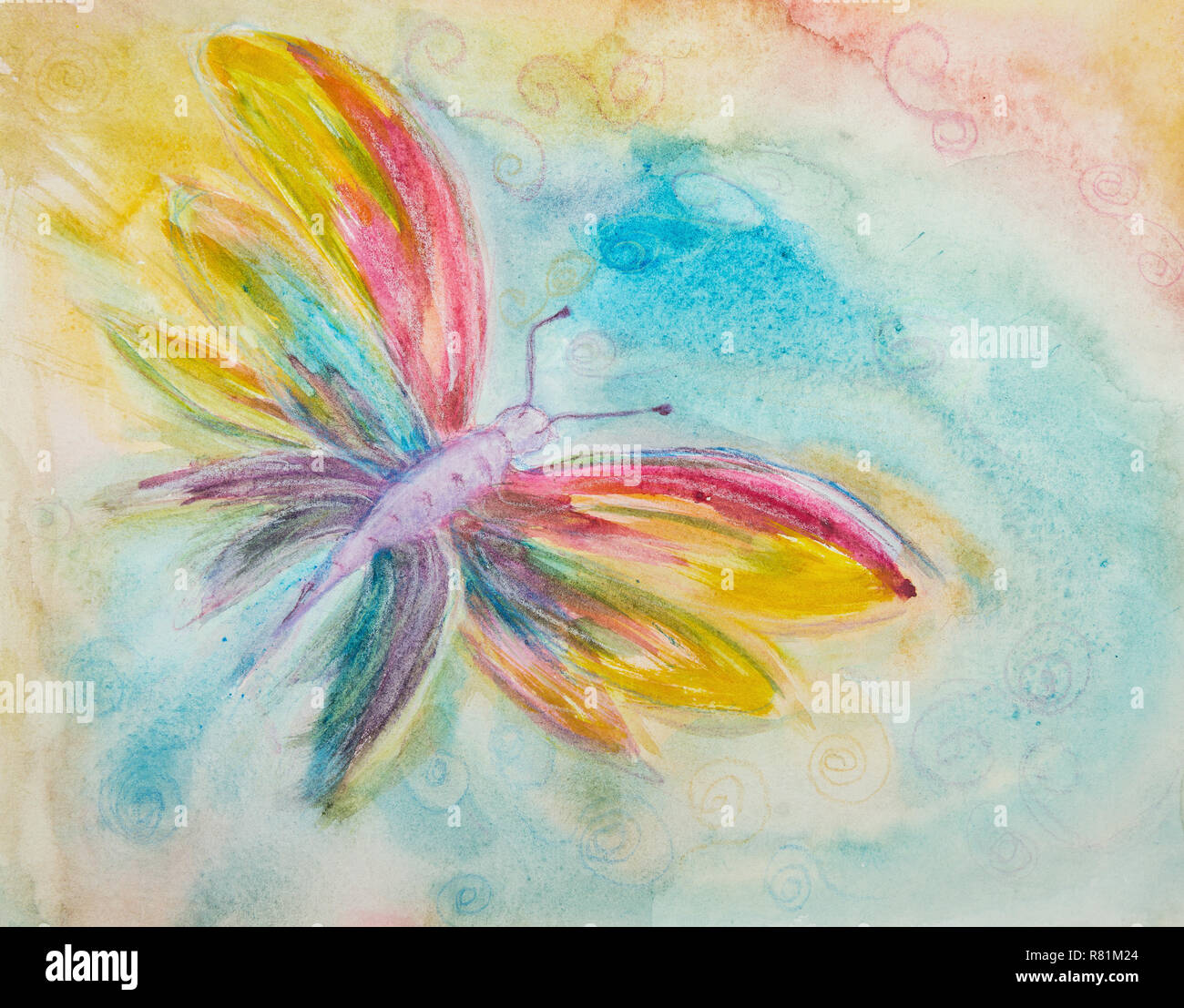 Colorful butterfly in a curly sky. The dabbing technique near the edges gives a soft focus effect due to the altered surface roughness of the paper. Stock Photo