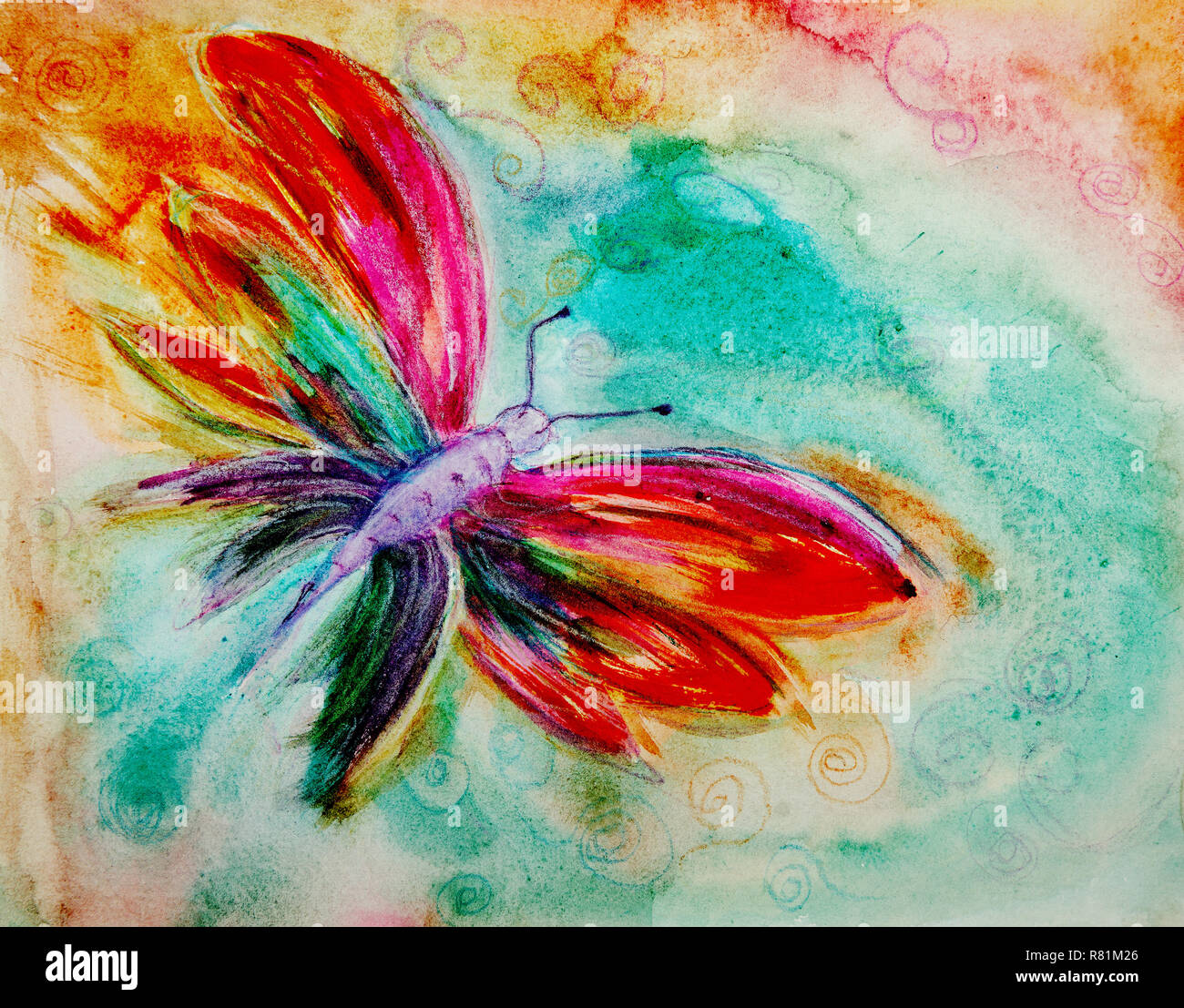 Flying butterfly painted with bright colors. The dabbing technique near the edges gives a soft focus effect due to the altered surface roughness of th Stock Photo