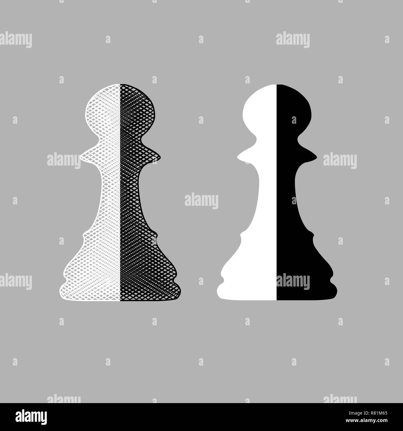 Black and white chess pawns isolated on gray background Stock Vector