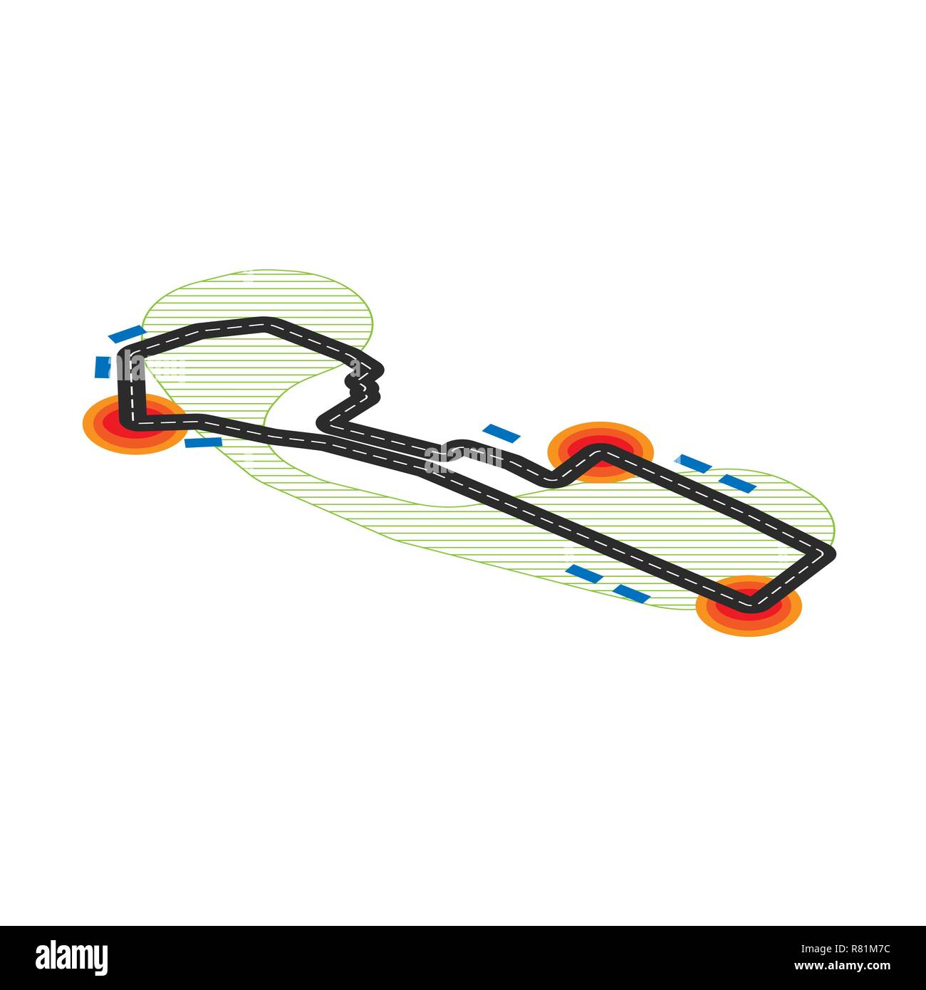 White background with black isometric road and different elements Stock Vector