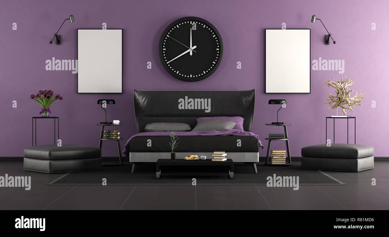 Black and purple master bedroom with elegant double bed and decor objects - 3d rendering Stock Photo