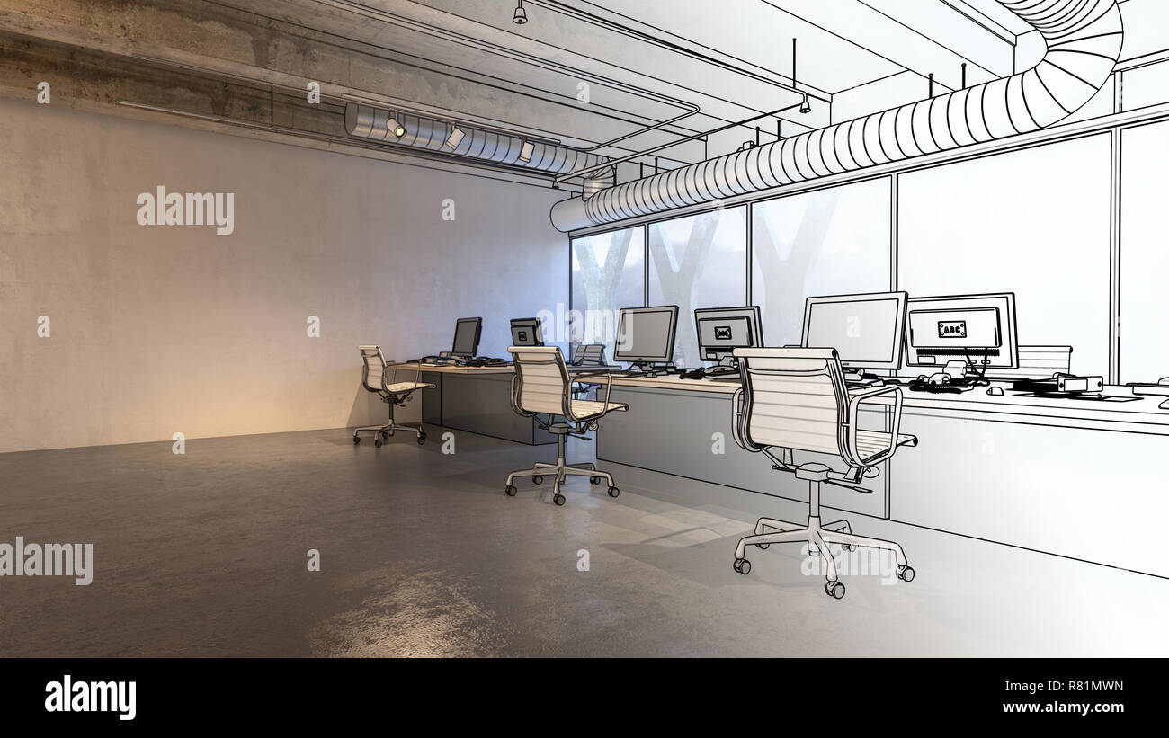 Office Interior Concept With 3d Model Of Spacious Room Wide Desk