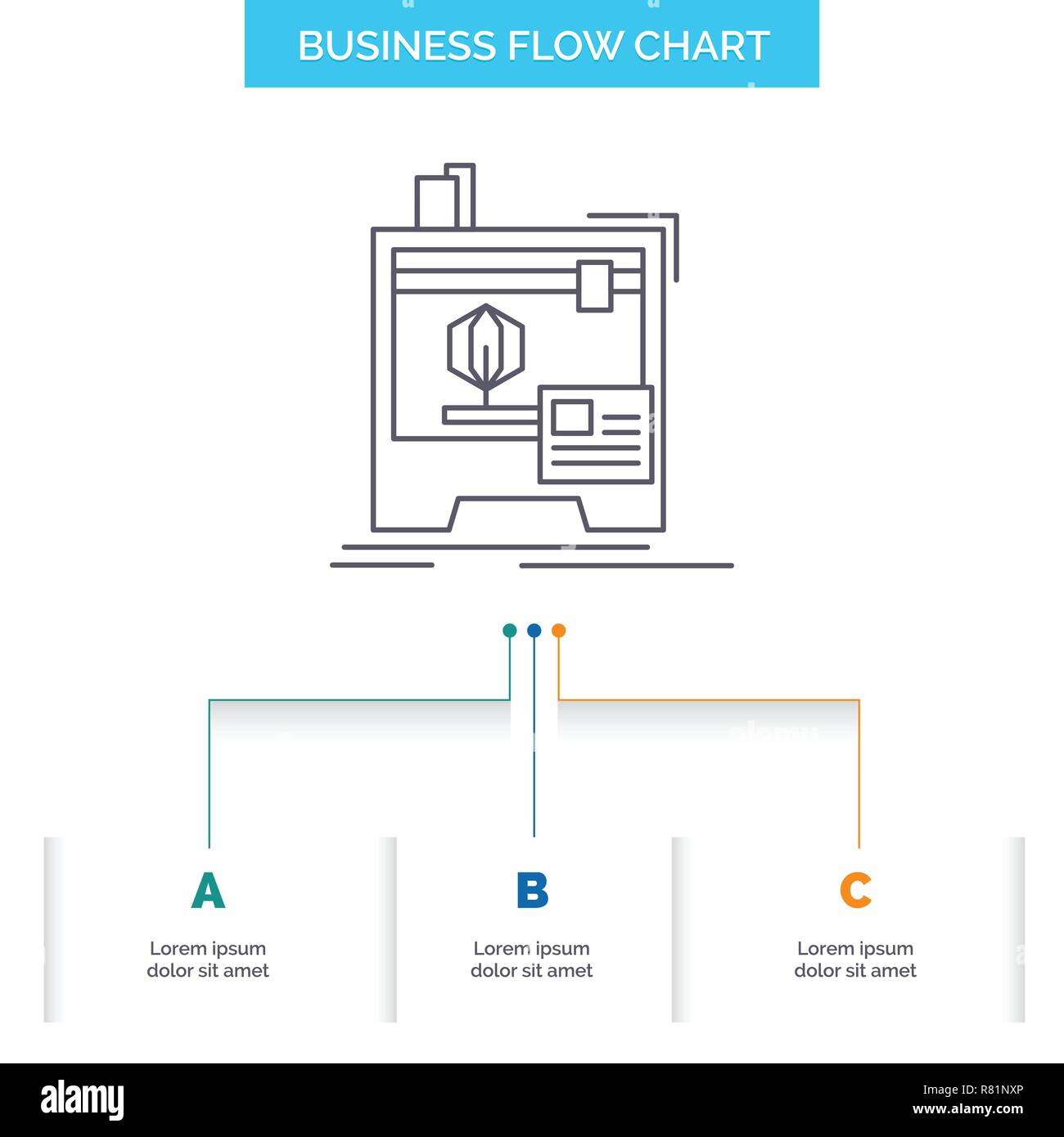 3d, dimensional, machine, printer, printing Business Flow Chart Design with 3 Steps. Line Icon For Presentation Background Template Place for text Stock Vector