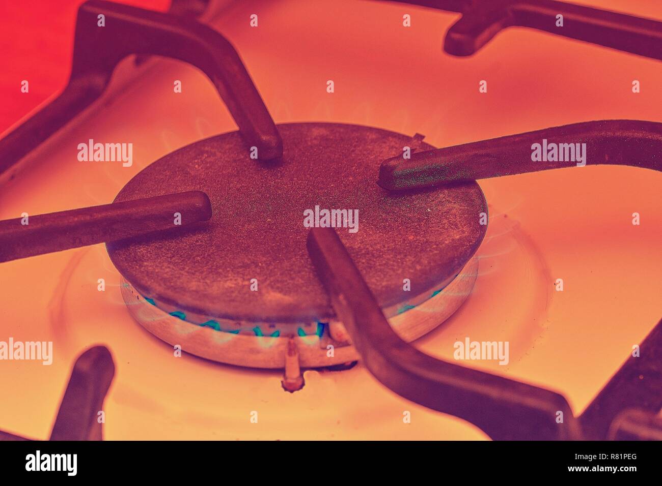 A blue flame from a gas cooktop burner. Stove turbo burner with burning