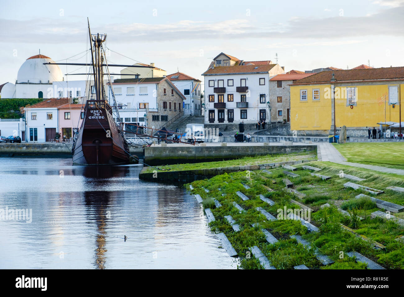 Vila do Conde, Portugal - June 01, 2018 : Sunny day by the the Portuguese ship of the 16th century round ship Porto district, Portugal Stock Photo