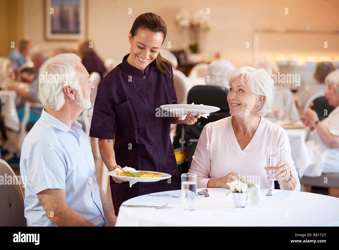 Senior Couple Being Served With Meal By Carer In Dining Room Of Retirement Home Stock Photo