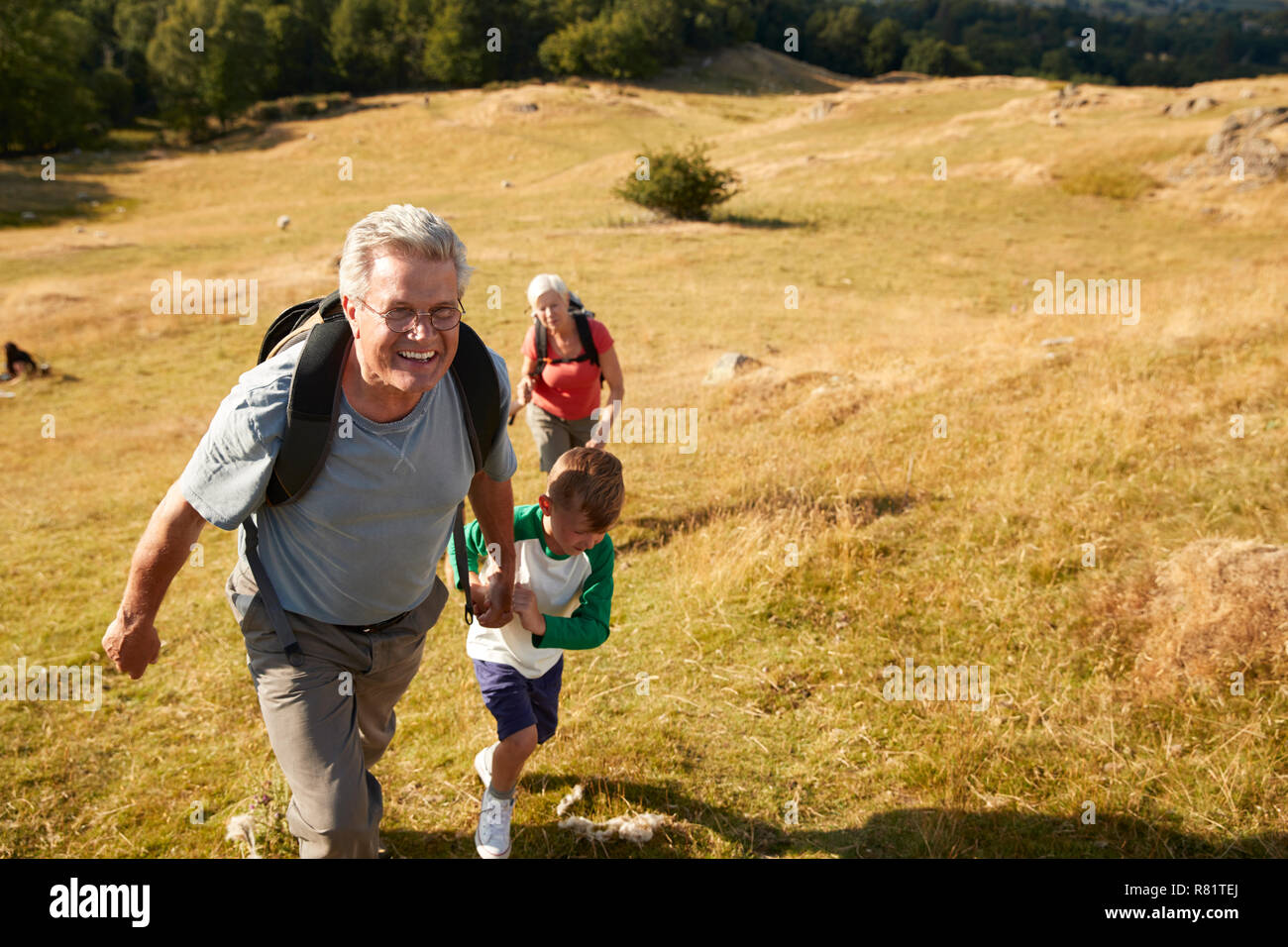 Grandparents With Grandchildren Climbing Hill On Hike Through Countryside In Lake District UK Together Stock Photo