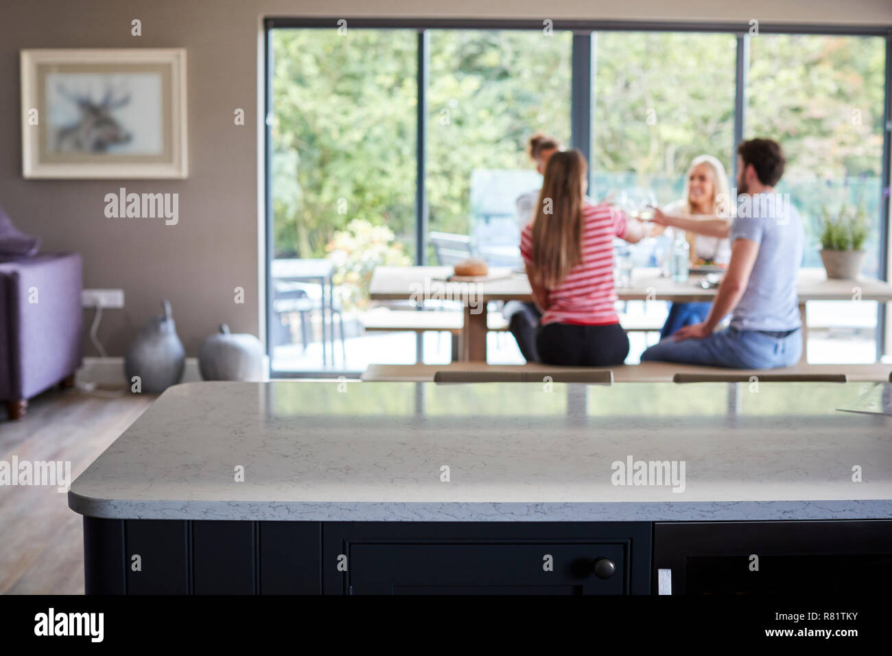 Multi ethnic group of four young adult friends celebrating at a dinner party raising their wine glasses, seen from kitchen island Stock Photo