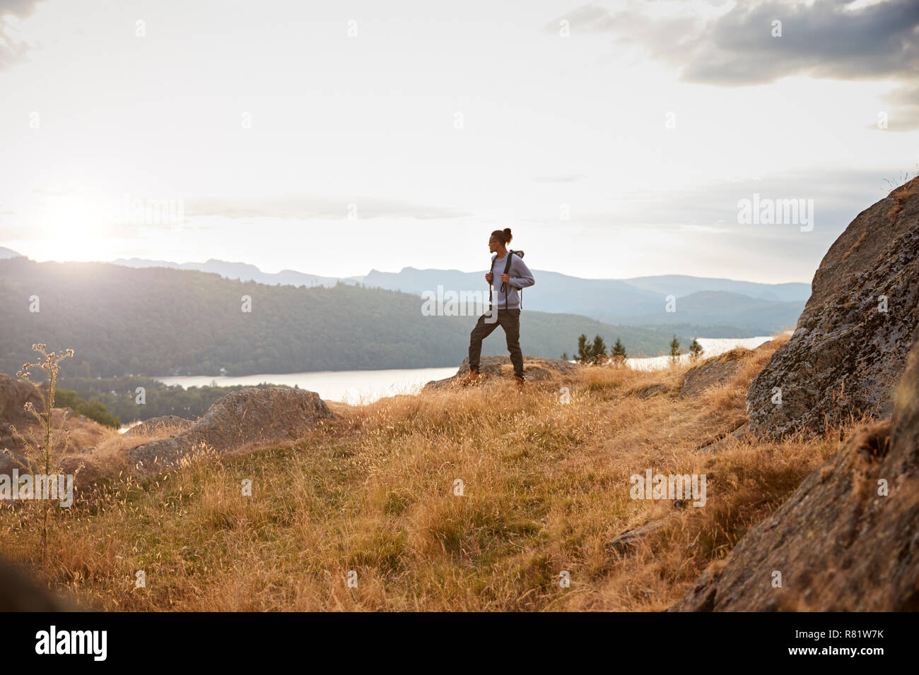 A young mixed race man standing alone on a rock admiring the lake view, side view Stock Photo