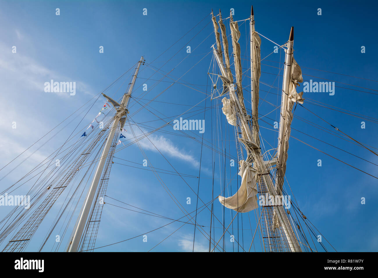 Bottom View of the mast main of Nave ITALIA, which at 61 meters is the largest brigantine in the world, in the porto of Livorno, Tuscany, Italy Stock Photo