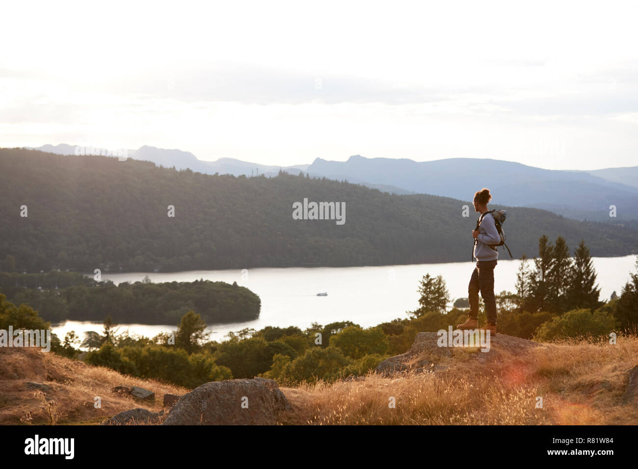 A young mixed race man standing alone on the rock, watching lake view, landscape Stock Photo