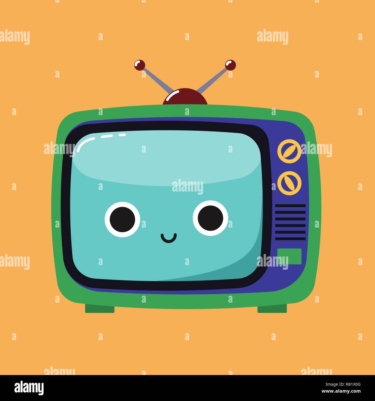 Smiling Cute illustration of an old TV set with a happy expression, Habituate kid card or poster. Stock Vector