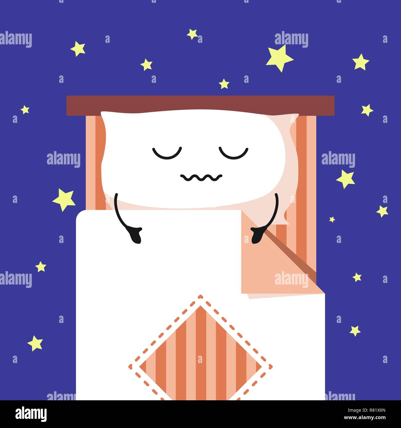 Smiling Cute Cartoon sleeping Pillow on stripped bed, Habituate kid card or poster. Stock Vector
