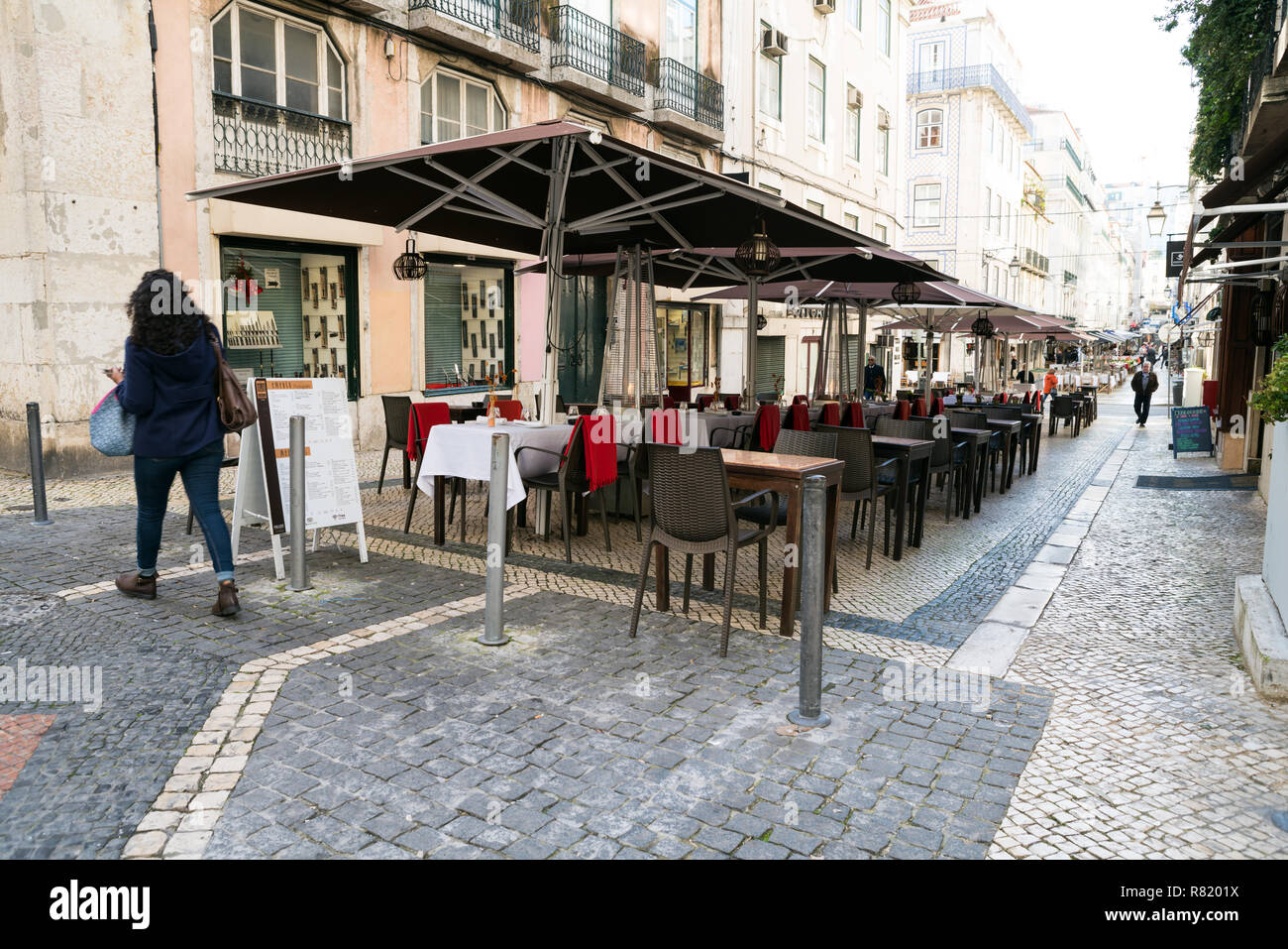 Cityscape. view of street open-air cafe in historic center of Lisbon, Portugal Stock Photo