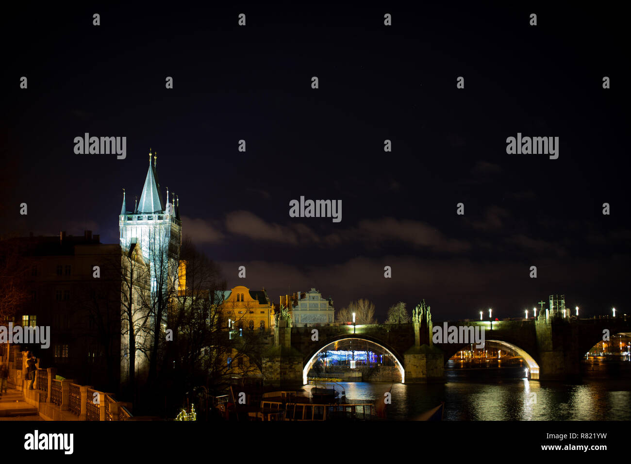 Night view of Charles bridge at the Vltava river. Prague Stock Photo