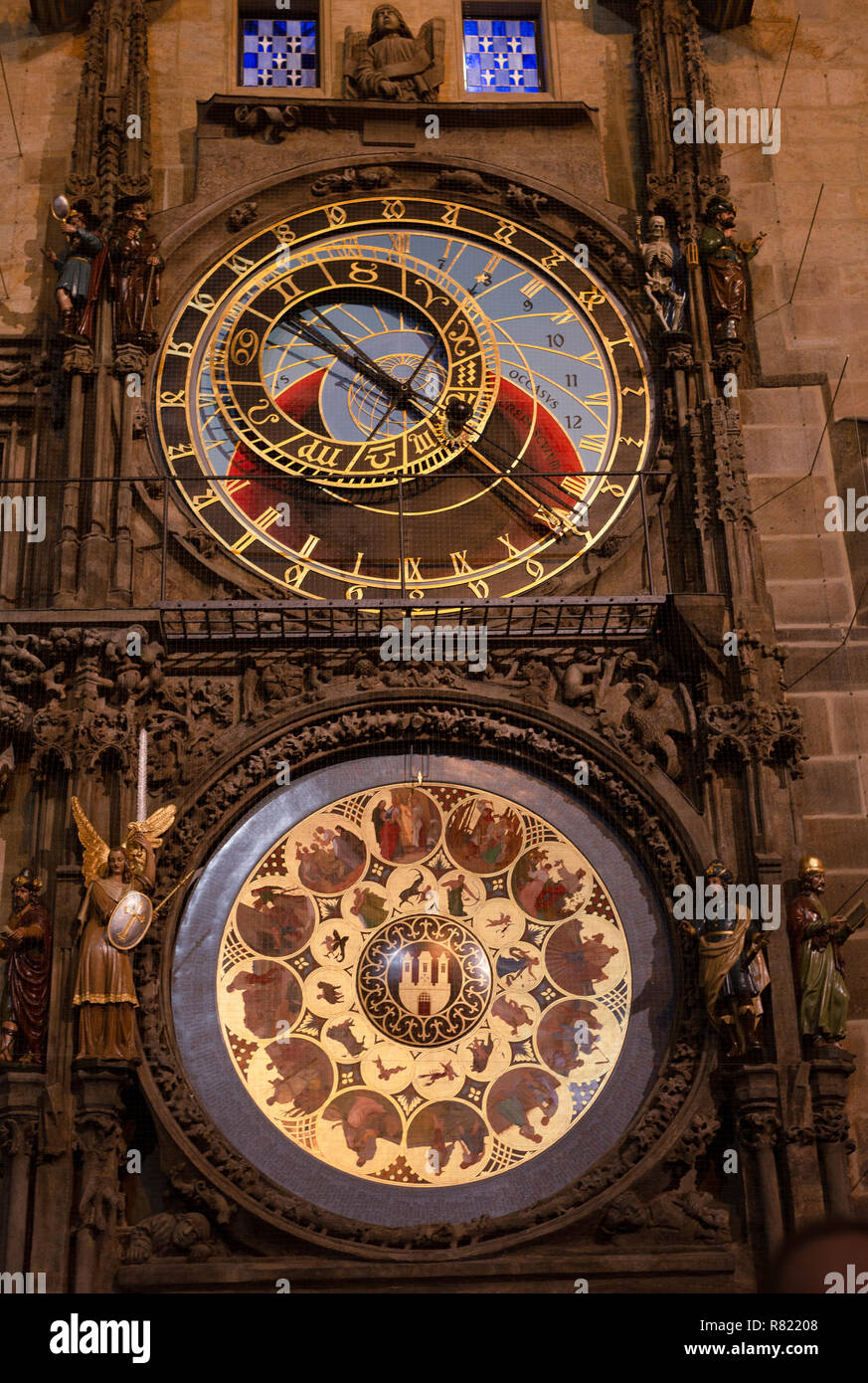Night view of the astronomical clocks Stock Photo Alamy
