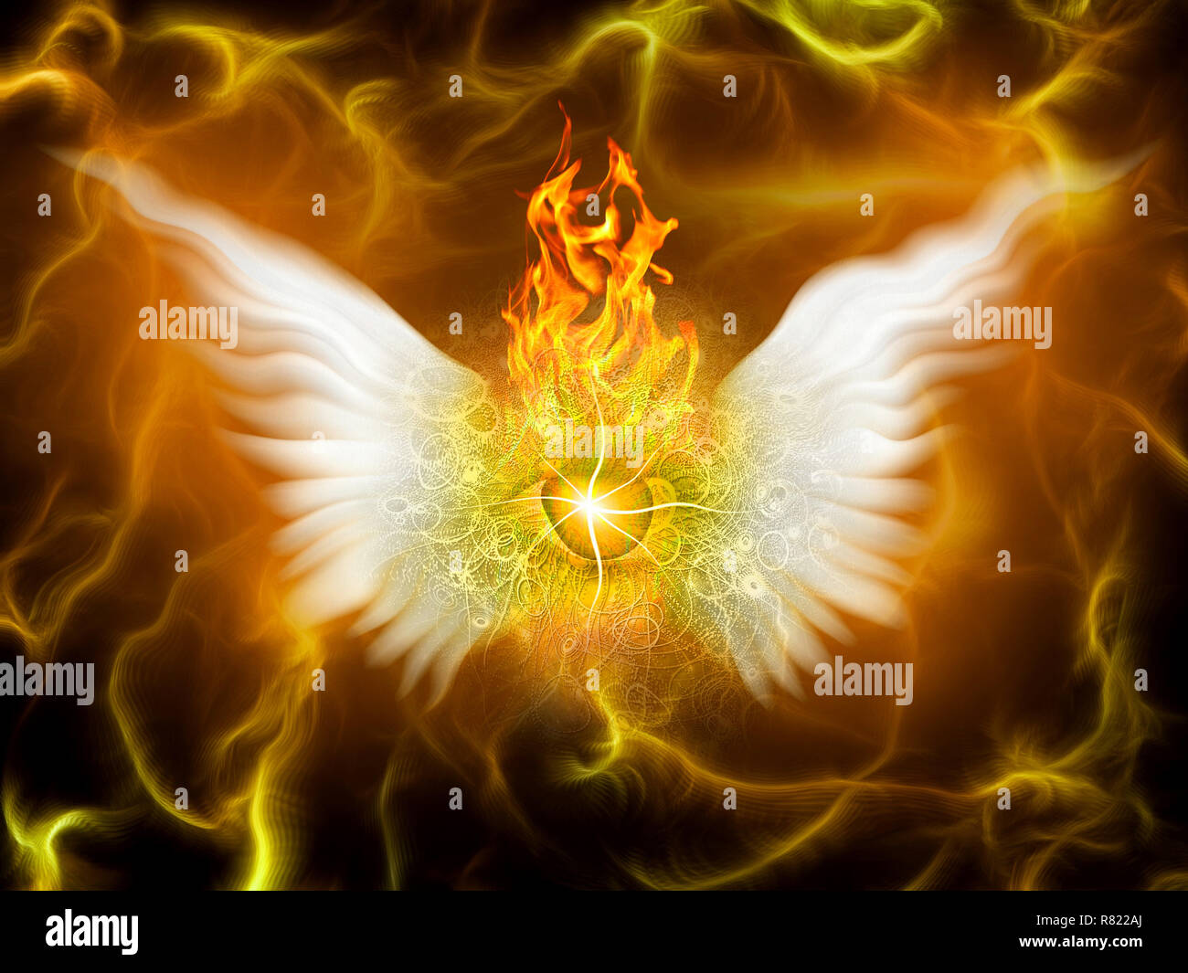 Surreal painting. Burning eye with wings. Flaming background Stock Photo Alamy